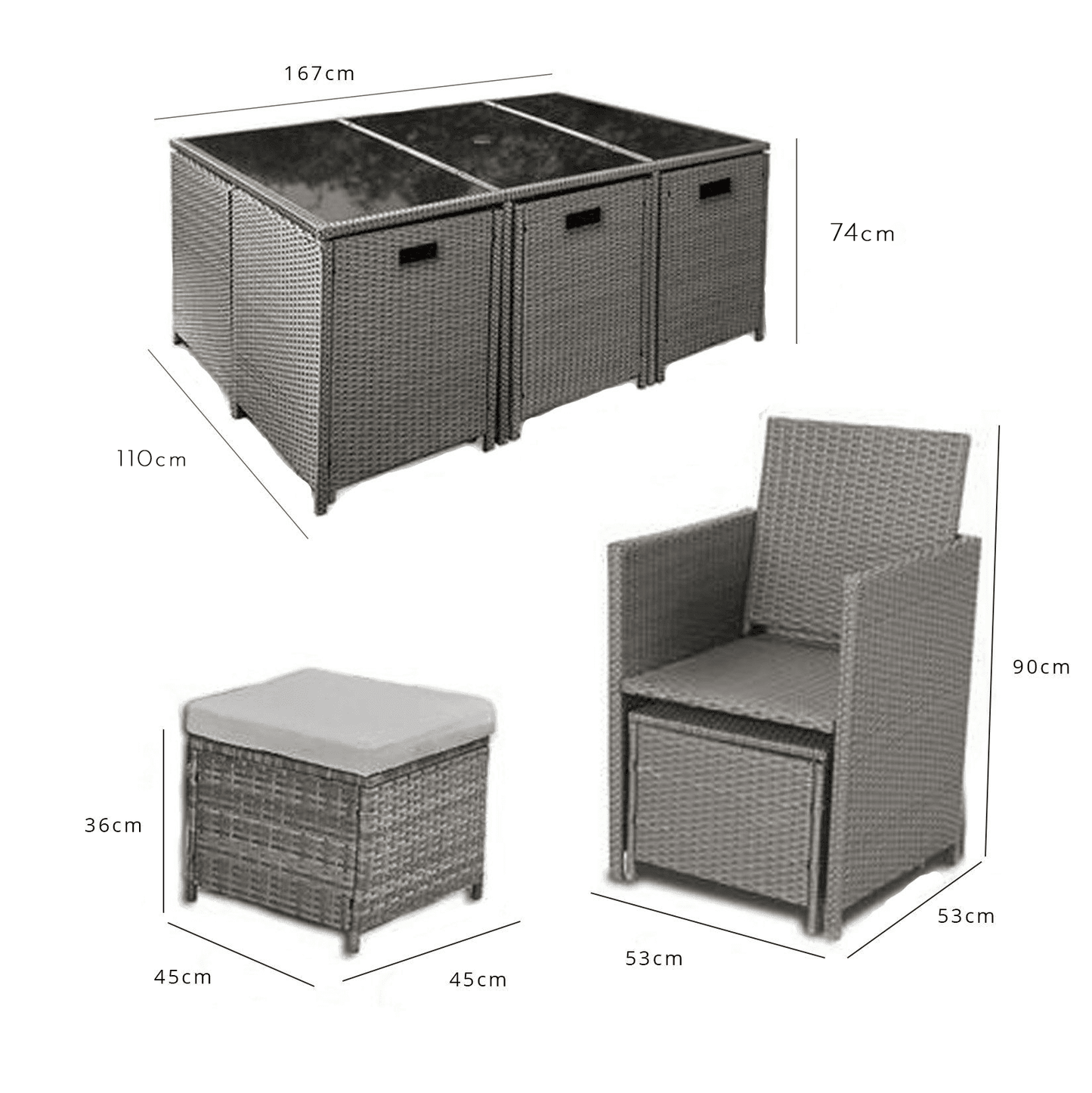 10 Seat Rattan Cube Outdoor Dining Set with Premium Parasol and Parasol Rain Cover - Grey Weave - Laura James