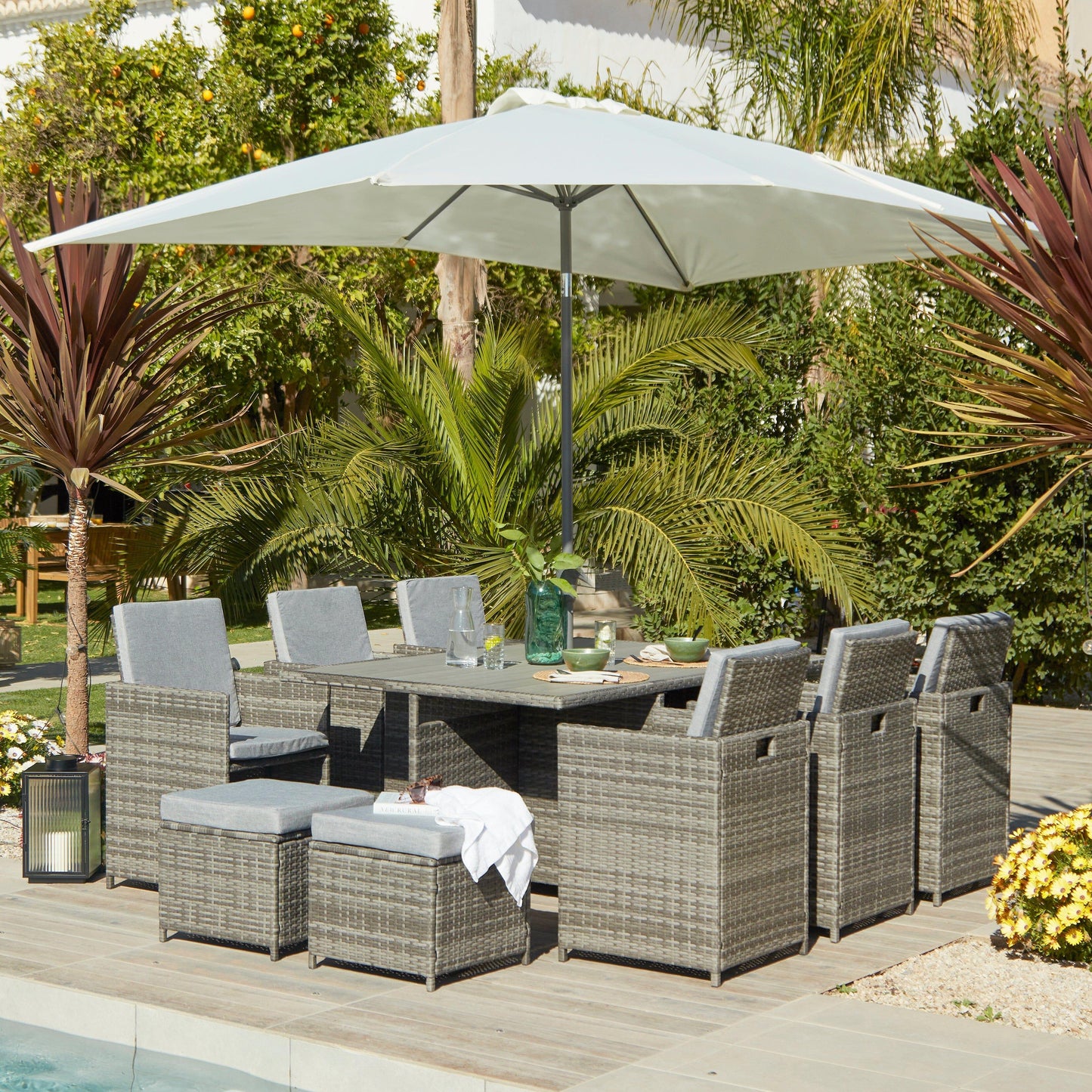 10 Seater Rattan Cube Outdoor Dining Set with Cream LED Premium Parasol - Grey Weave Polywood Top