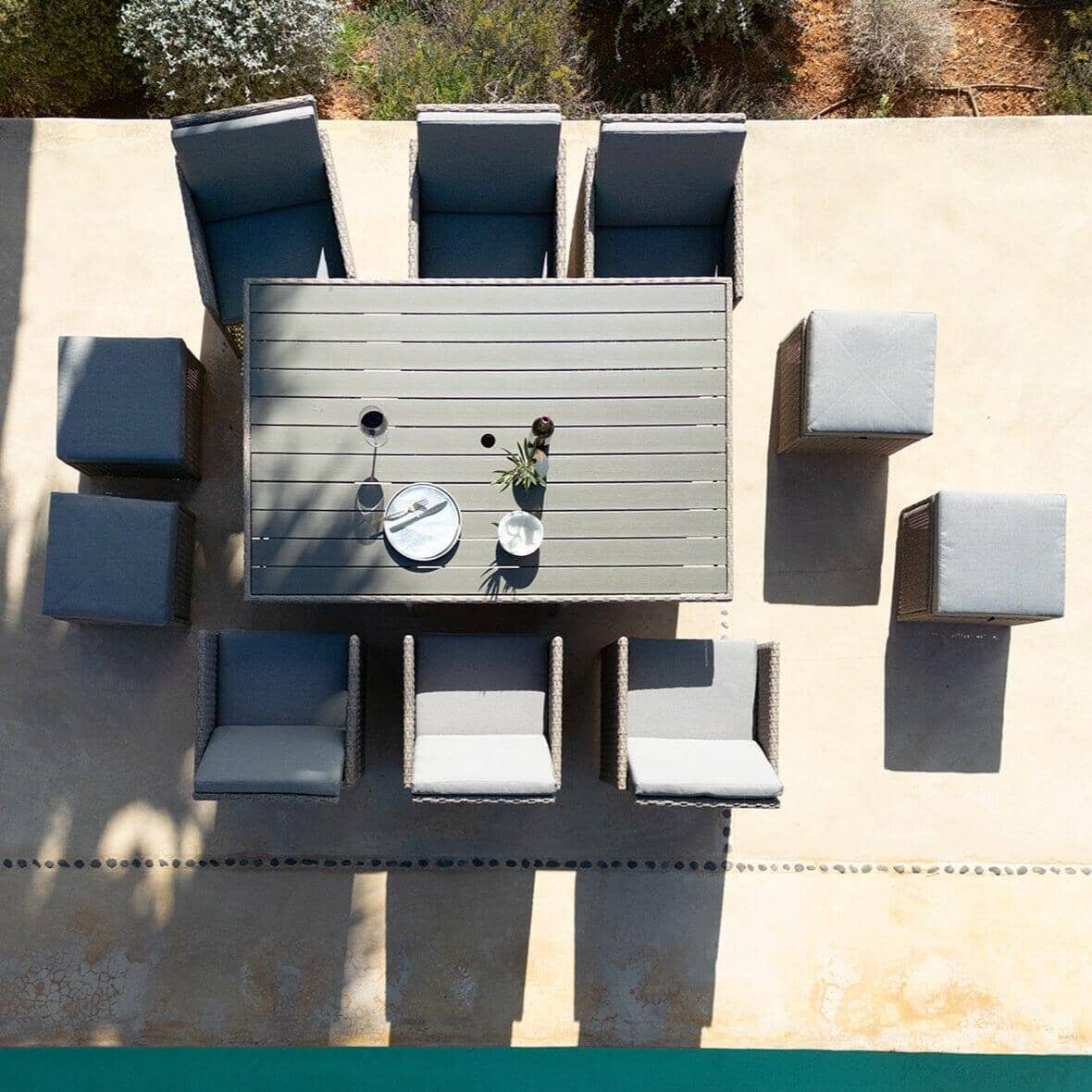 Cube 10 Seater Rattan Outdoor Dining Set with Cream LED Premium Parasol - Natural Brown Weave Polywood Top