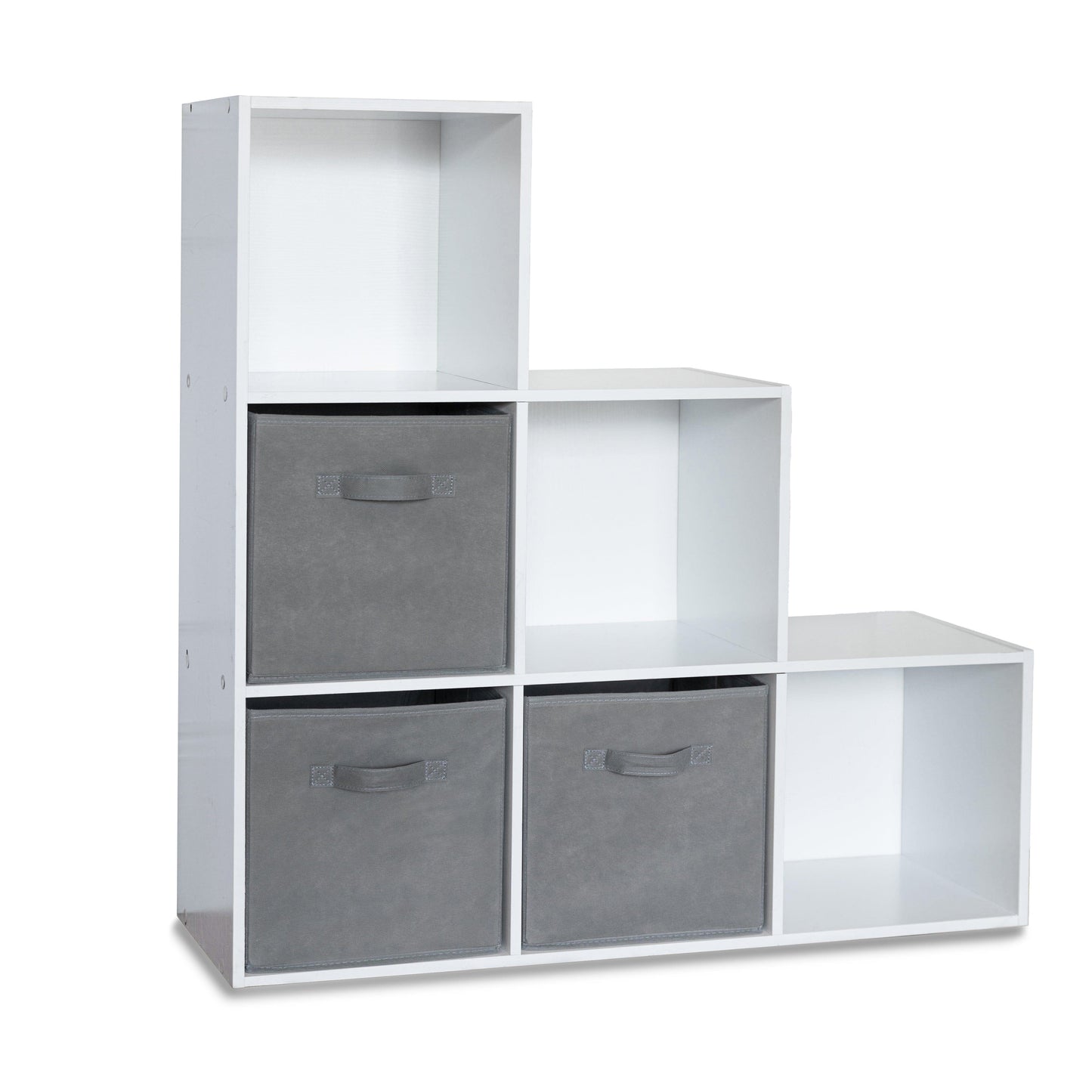 6 Cube bookcase ladder storage unit - white with grey boxes - Laura James