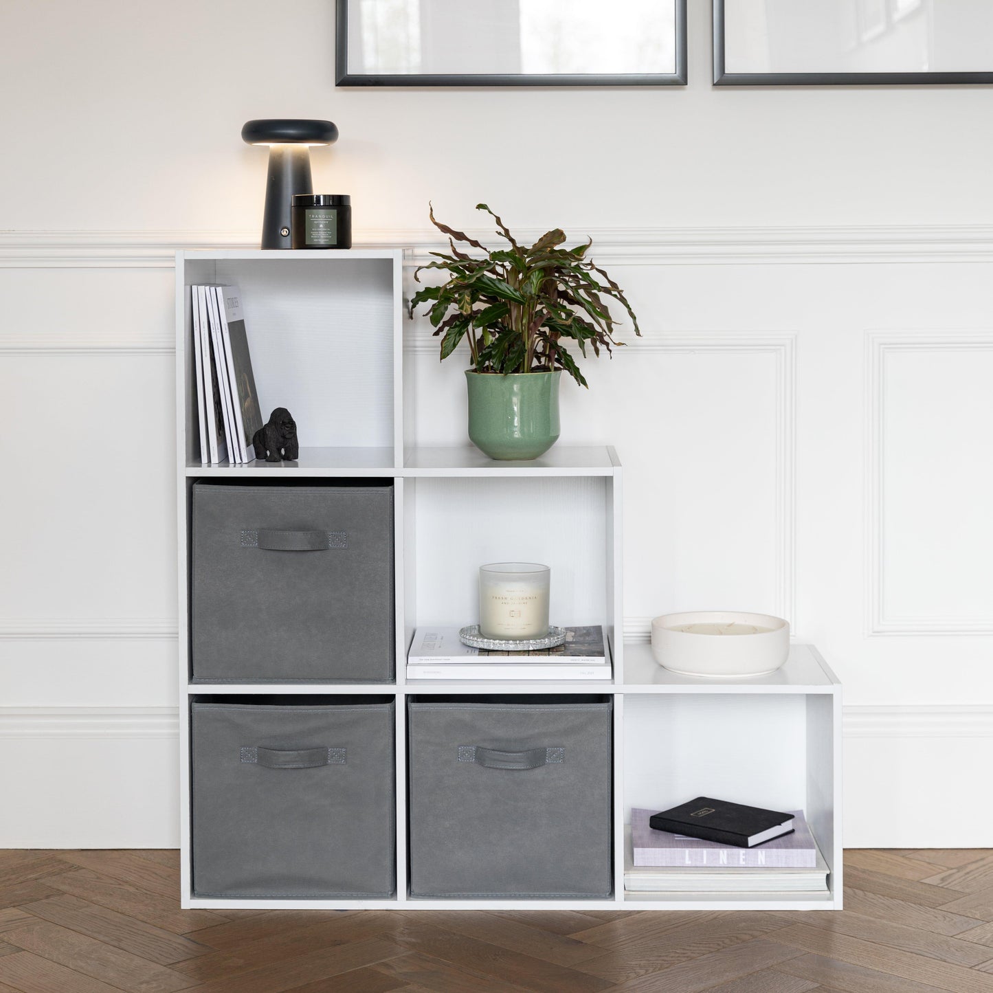 6 Cube bookcase ladder storage unit - white with grey boxes - Laura James