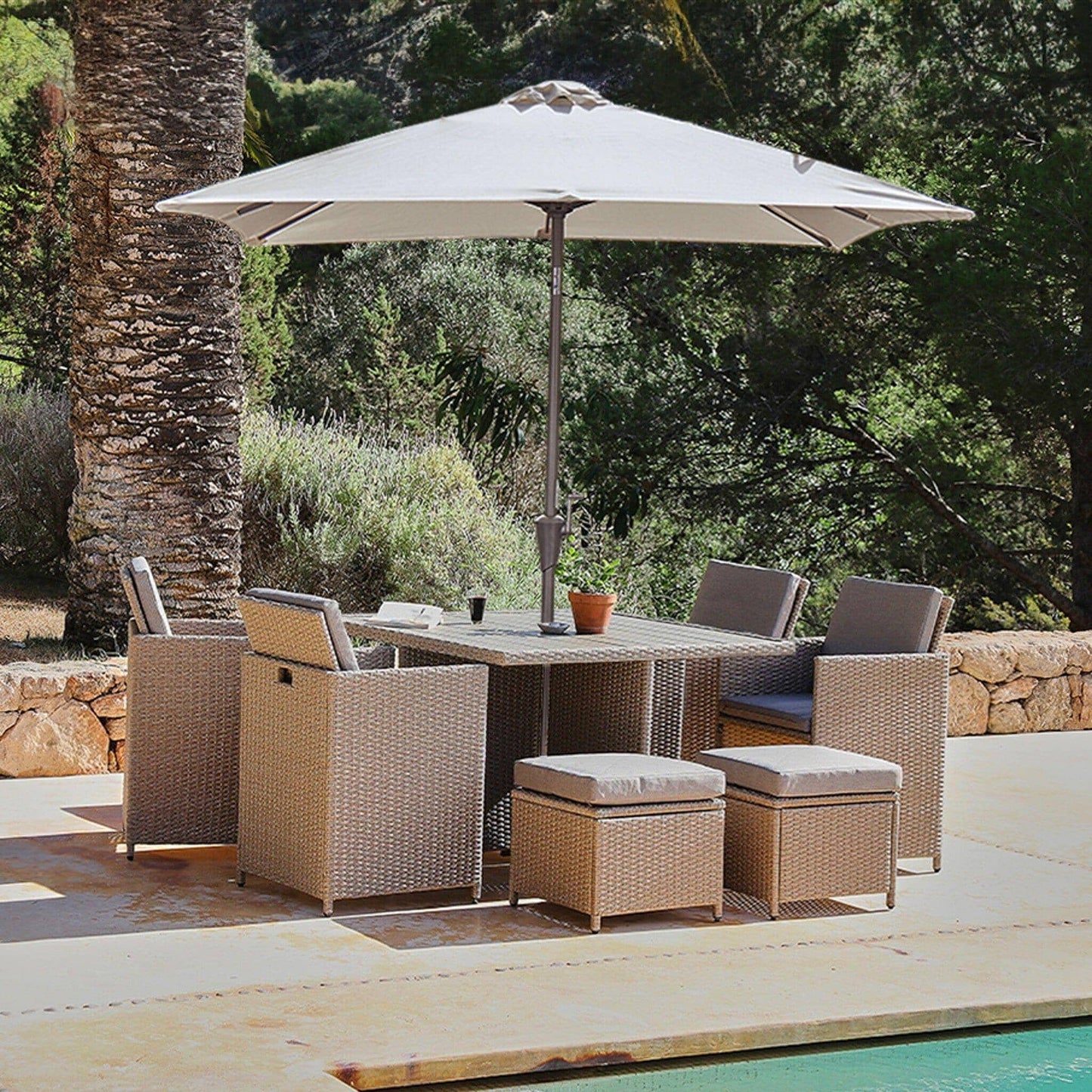 Cube 8 Seater Rattan Outdoor Dining Set with Cream LED Premium Parasol - Natural Brown Weave Polywood Top