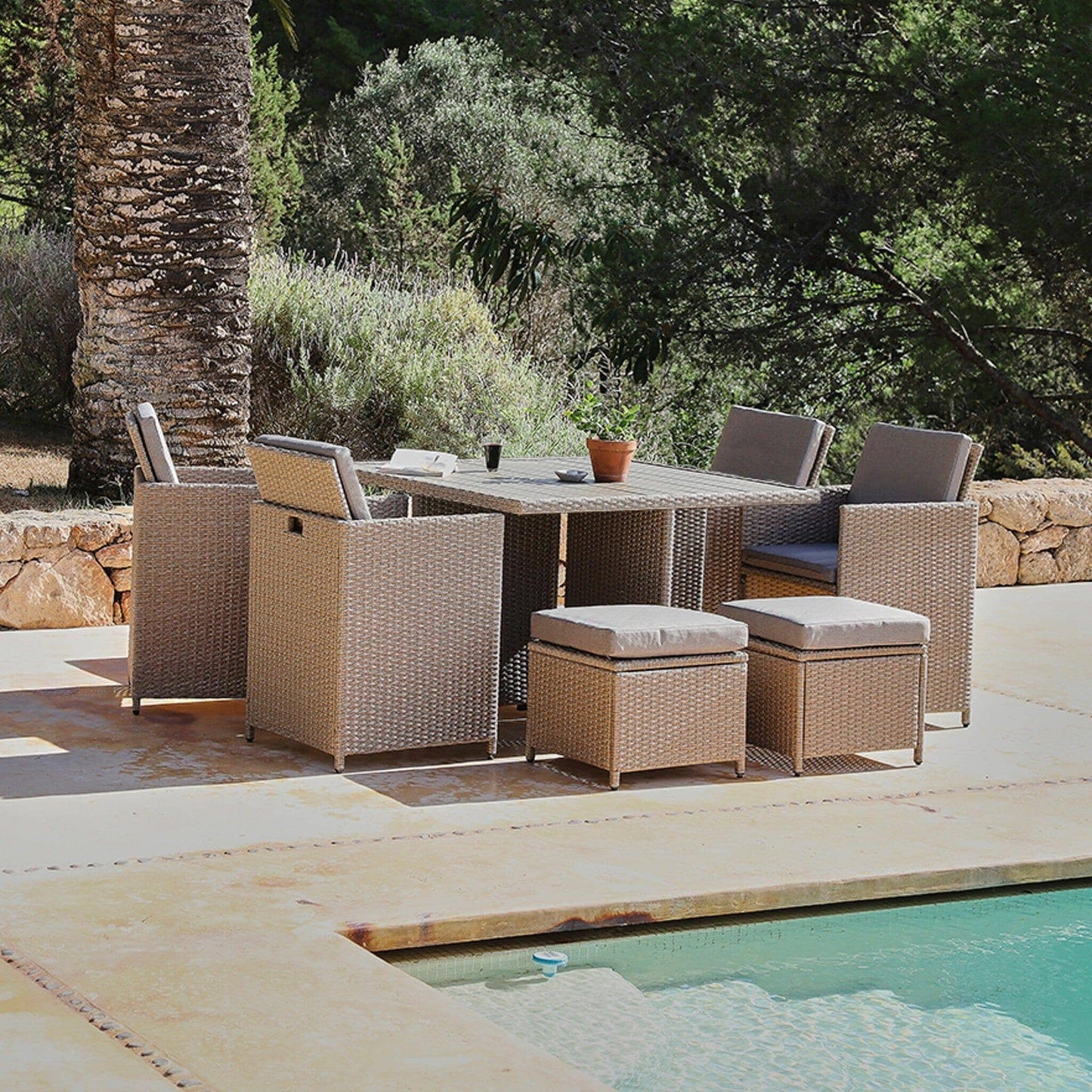 Cube 8 Seater Rattan Outdoor Dining Set with Cream LED Premium Parasol - Natural Brown Weave Polywood Top