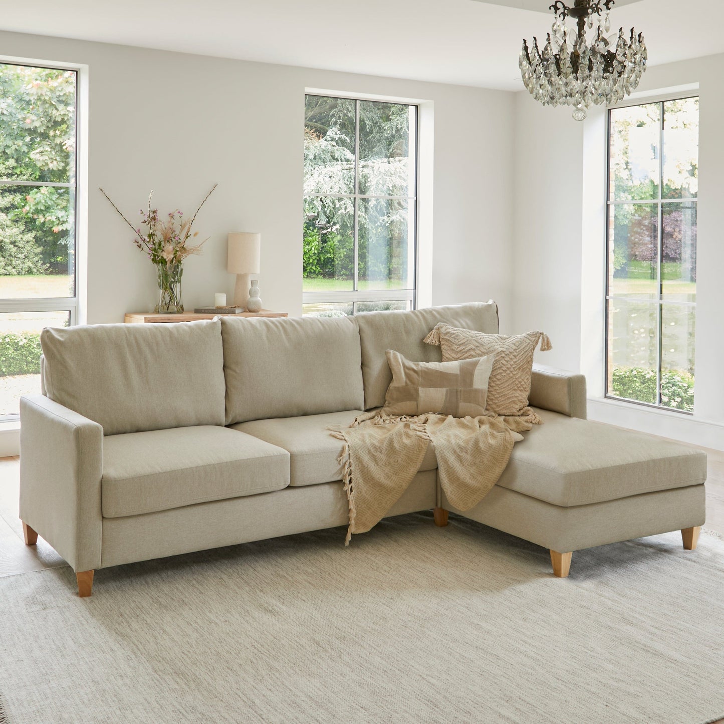 Ava Large Chaise Corner Sofa - Right Hand - Sand with Pale Oak Legs