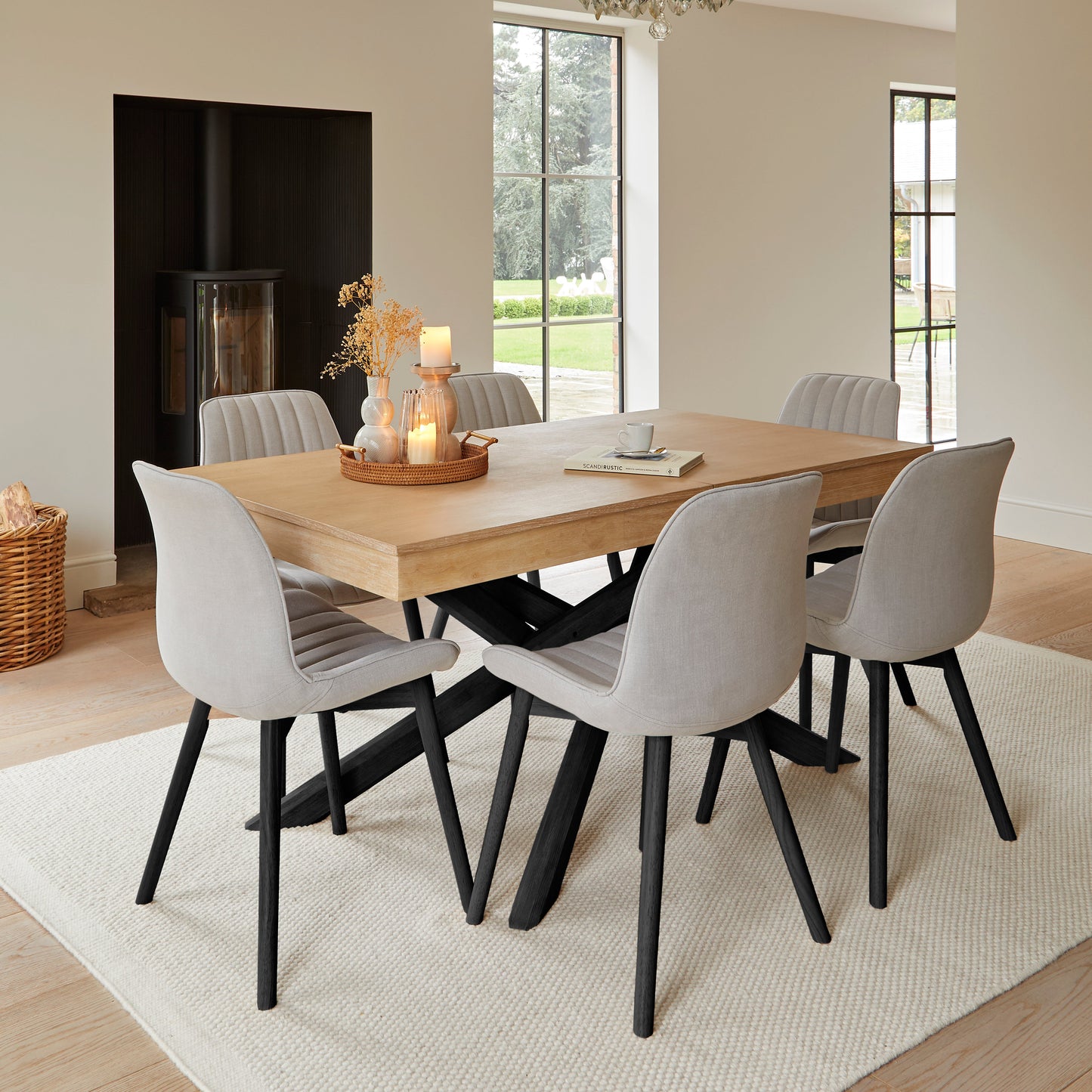 Amelia Whitewash Extendable Dining Table Set - 6 Seater - Bella Cloud Grey Dining Chairs - Black Legs