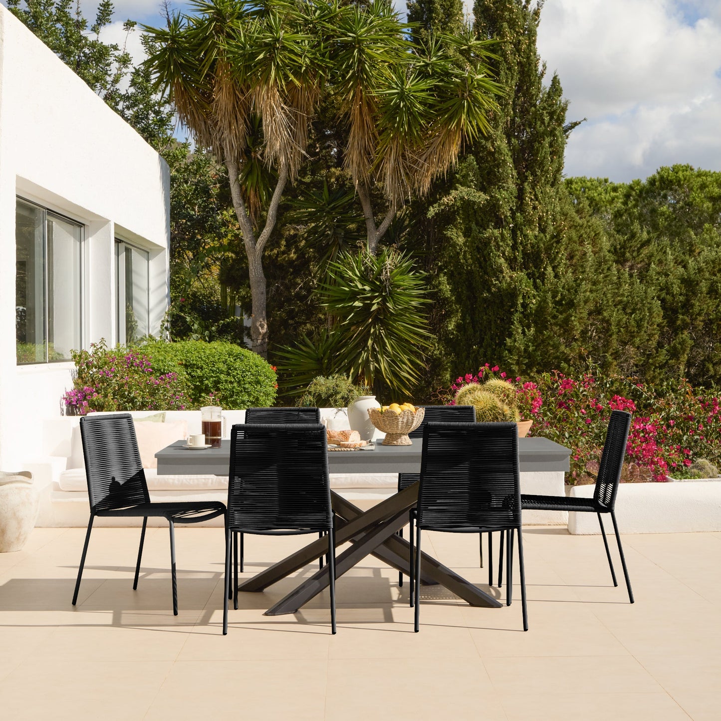 Amelia 6 Seater Dove Grey Concrete Garden Dining Set with Ryder Black Chairs - Laura James