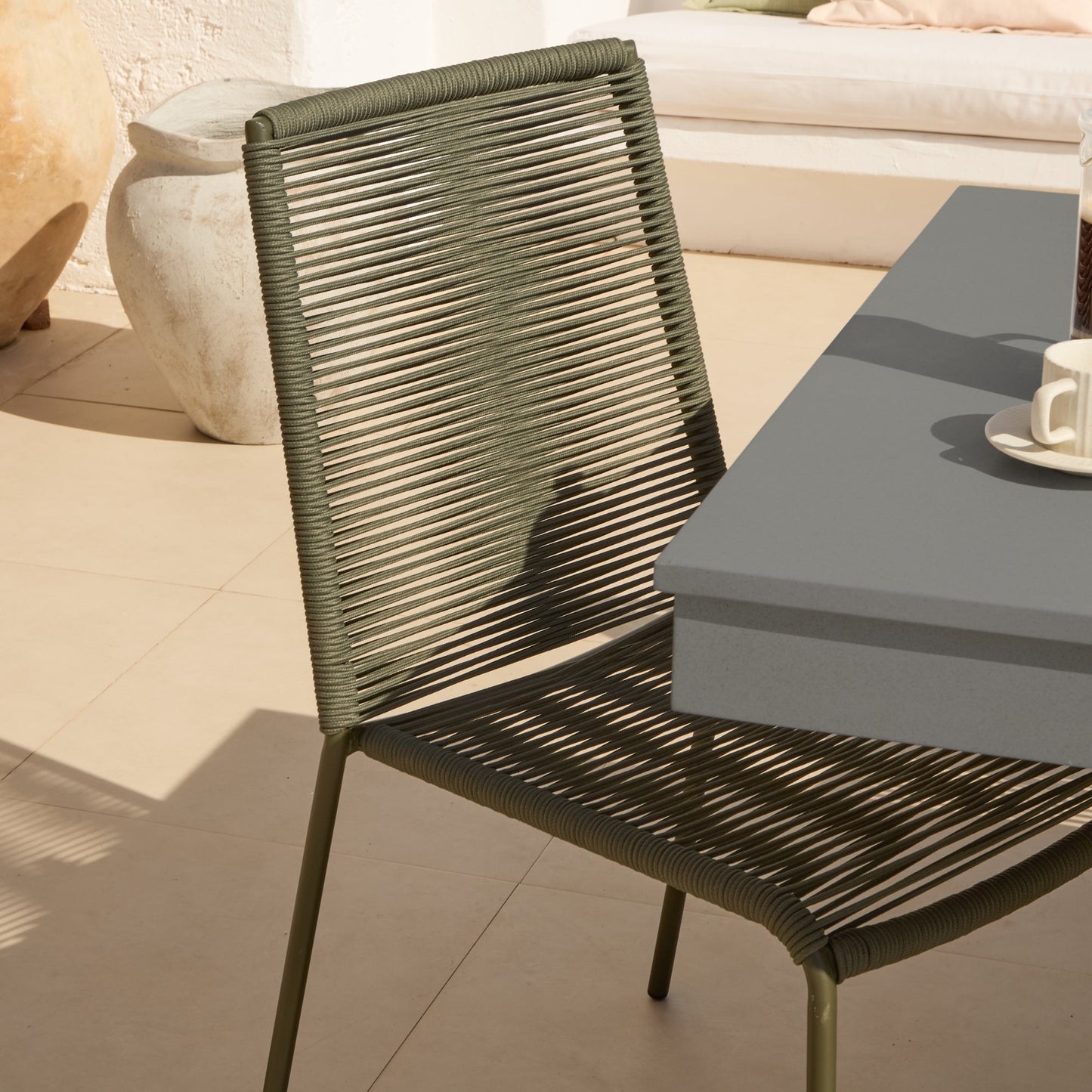 Amelia 6 Seater Dove Grey Concrete Garden Dining Set with Ryder Khaki Chairs - Laura James