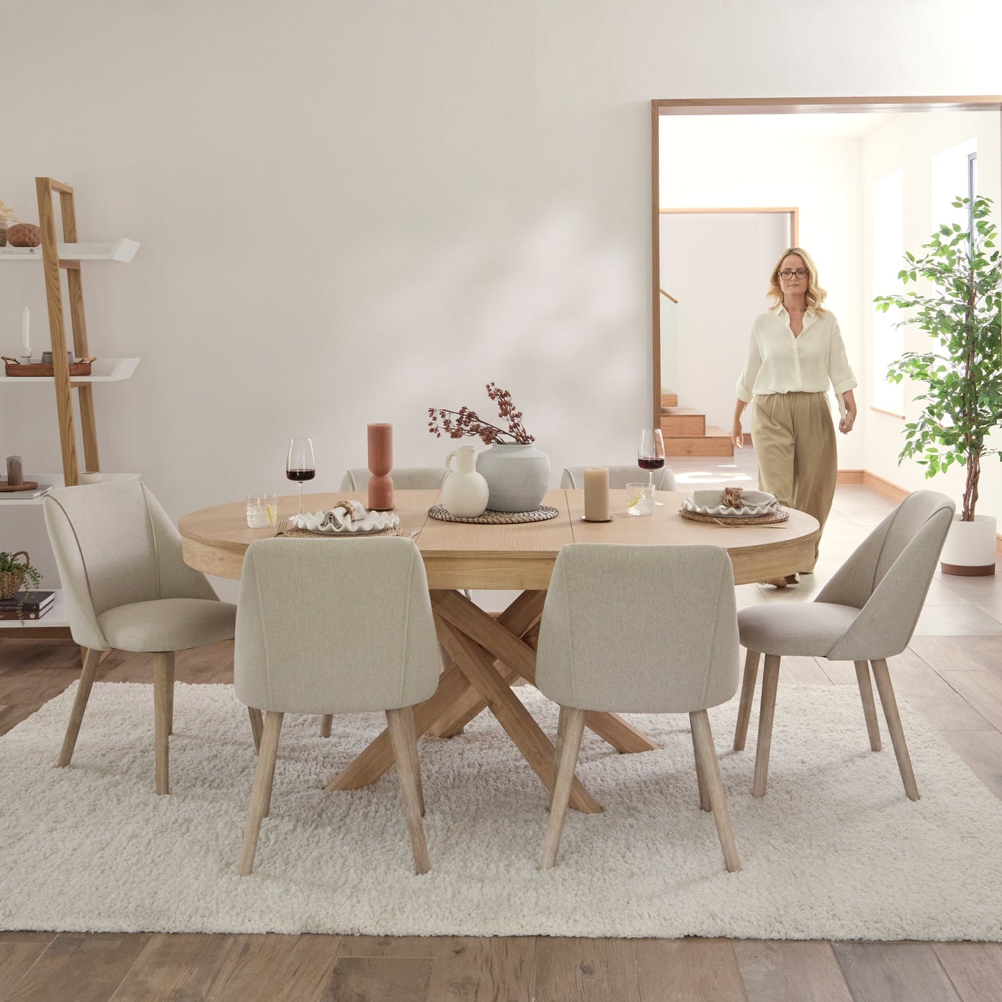 Amelia Whitewash Oval Extending Dining Table Set - 6 Seater - Freya Sand Dining Chair - Whitewash Oak Legs - Laura James