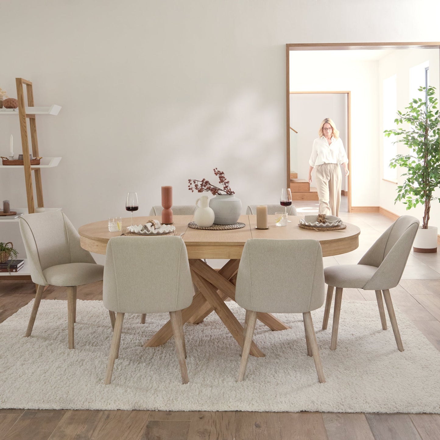 Amelia Whitewash Oval Extending Dining Table Set - 6 Seater - Freya Sand Dining Chair - Whitewash Oak Legs - Laura James
