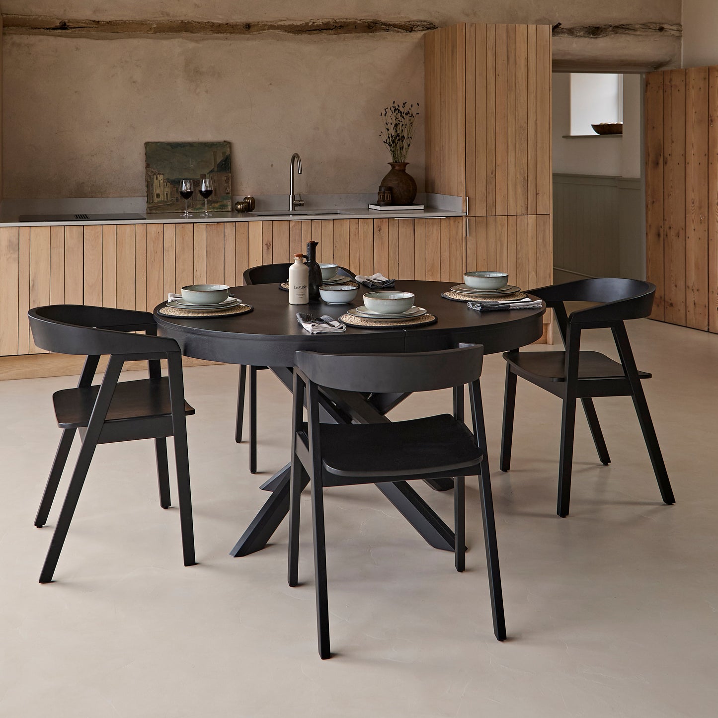 Amelia Black Oak Oval Extending Dining Table Set - 4 Seater - Ella Black Oak Carver Chairs - Laura James