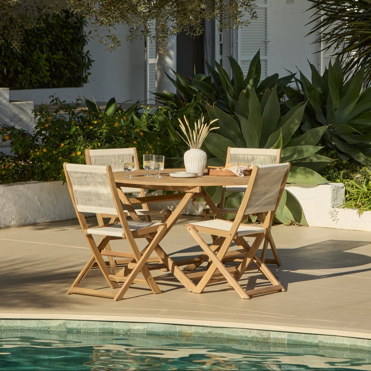 Ashby 4 Seater White Acacia Garden Dining Set with Cove Beige Rope Chairs - 130cm - Laura James