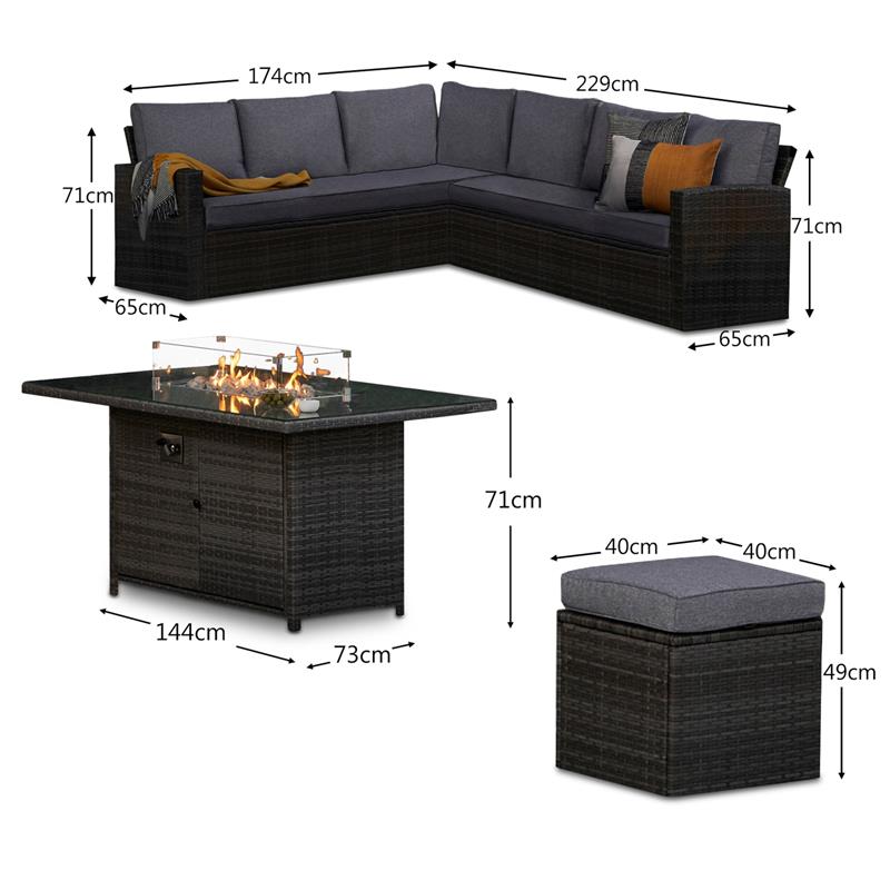 Aston 9 Seater Rattan Garden Corner Sofa Set with Firepit - Grey - Laura James