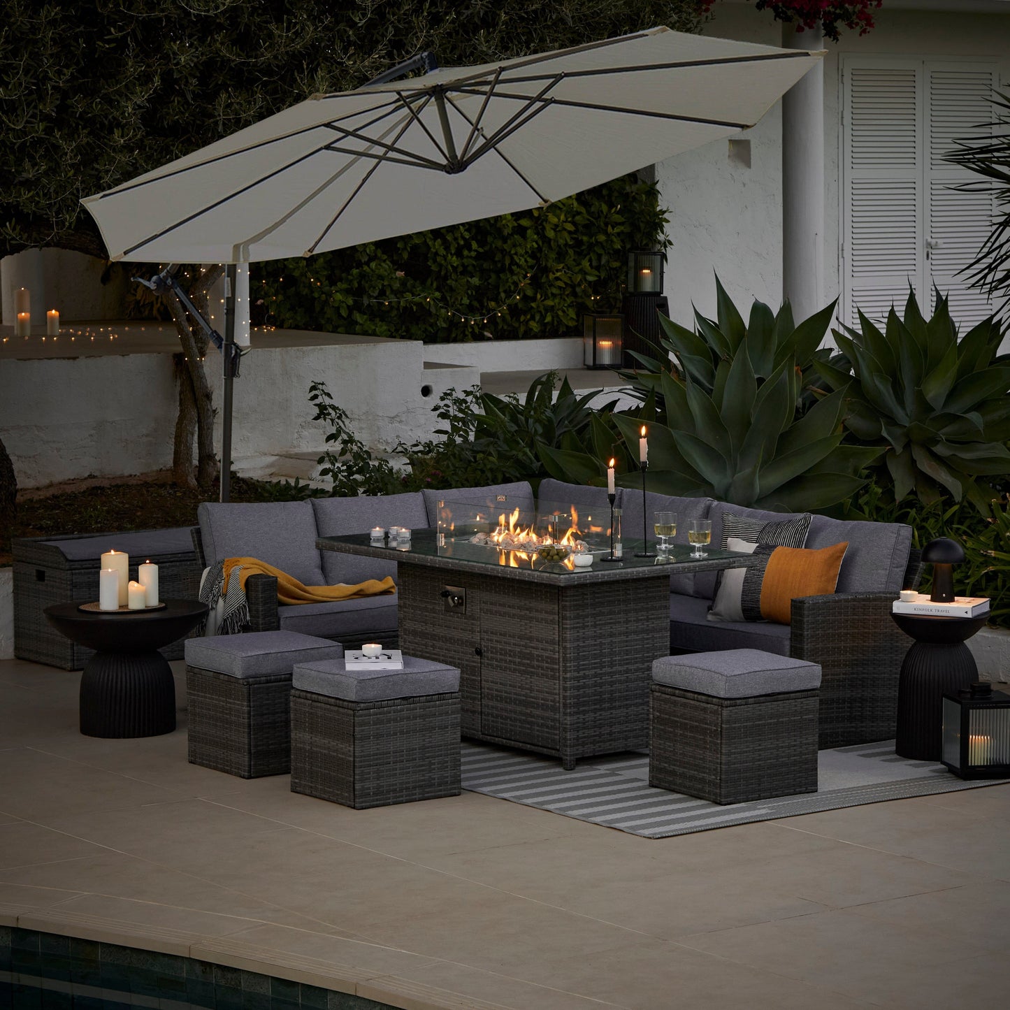 Aston 9 Seater Rattan Garden Corner Sofa Set with Cream Lean Over Parasol - Firepit - Grey - Laura James