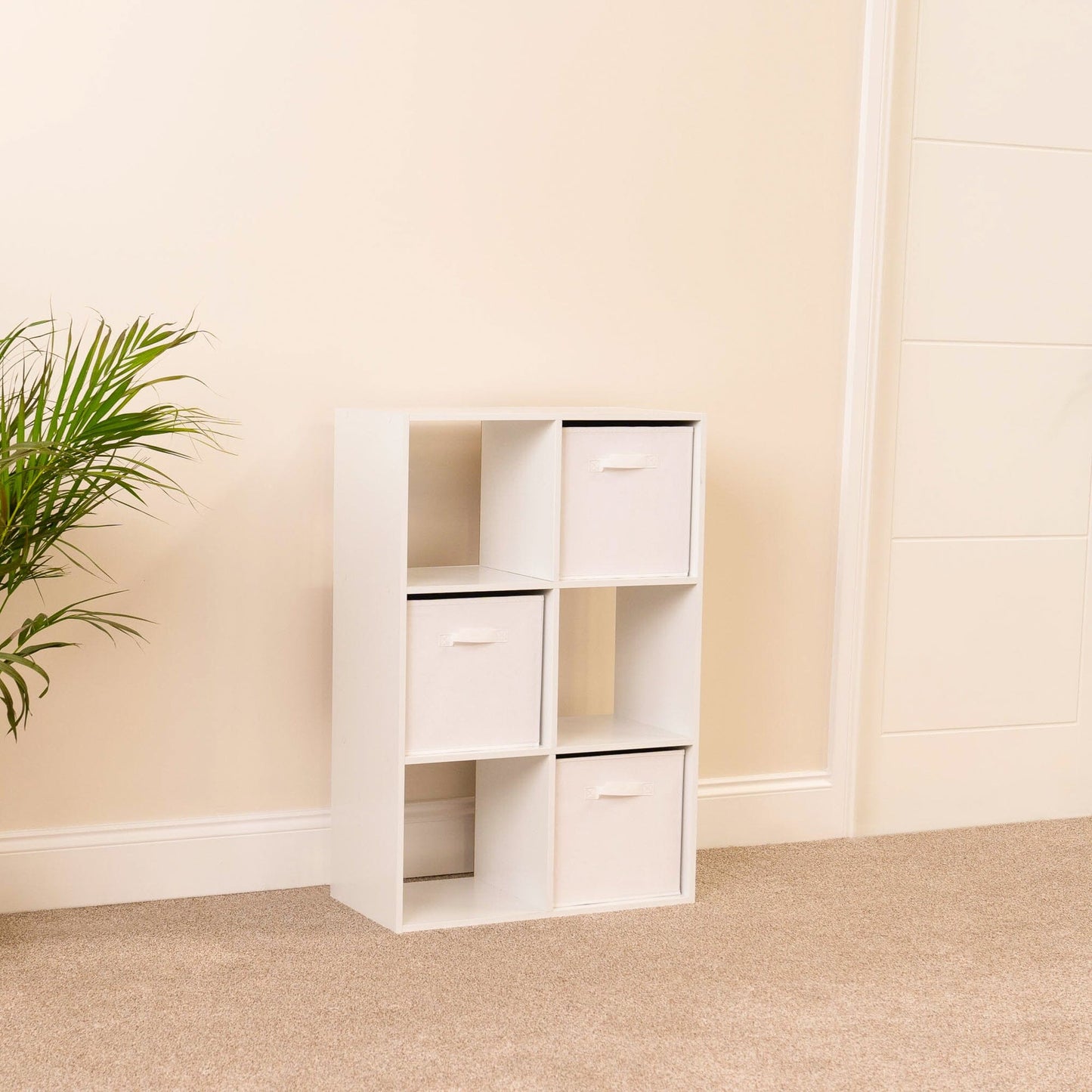 6 Cube White Bookcase Wooden Display Unit Shelving Storage Bookshelf Shelves (White Basket)