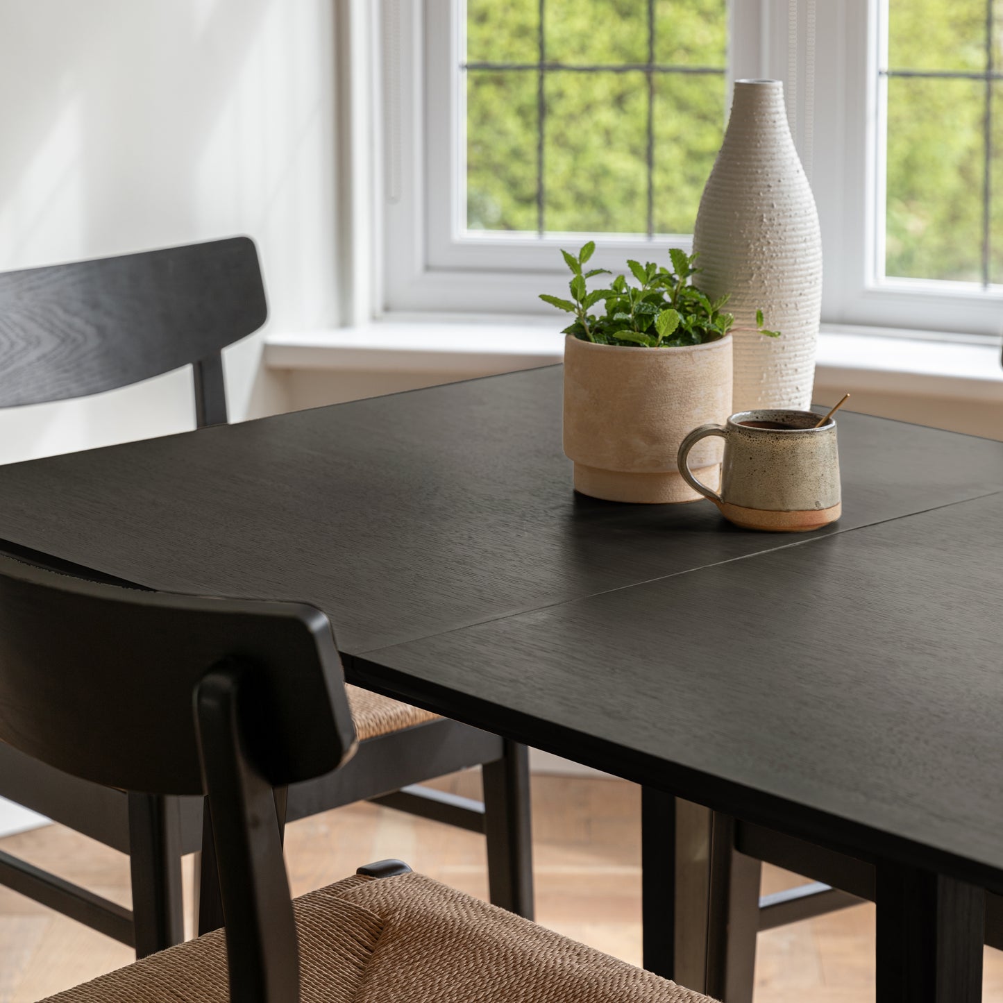 Charlie Black Oak Dining Table Set - Extendable - 4 Seater - Faye Black Woven Dining Chairs