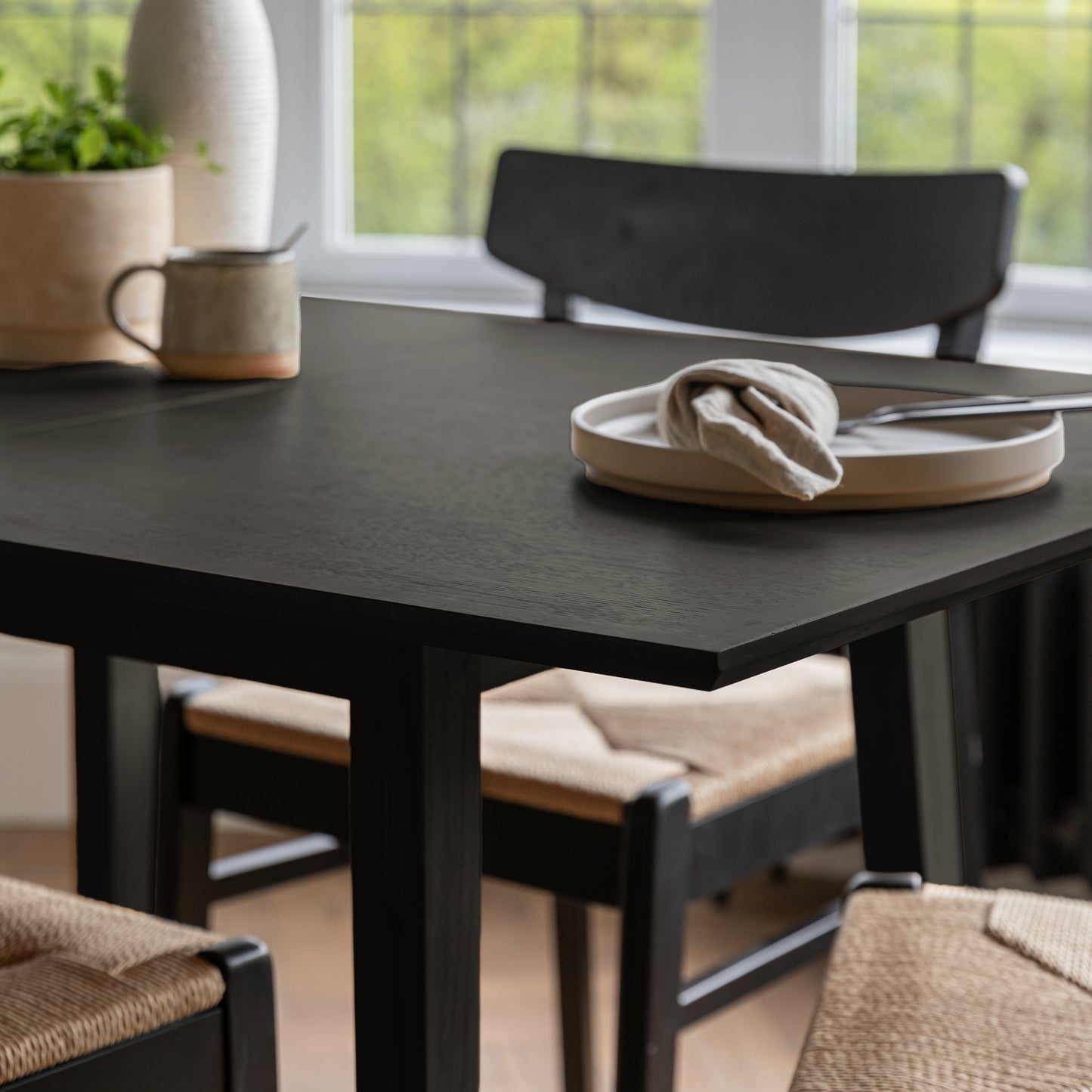 Charlie Black Oak Dining Table Set - Extendable - 4 Seater - Faye Black Woven Dining Chairs