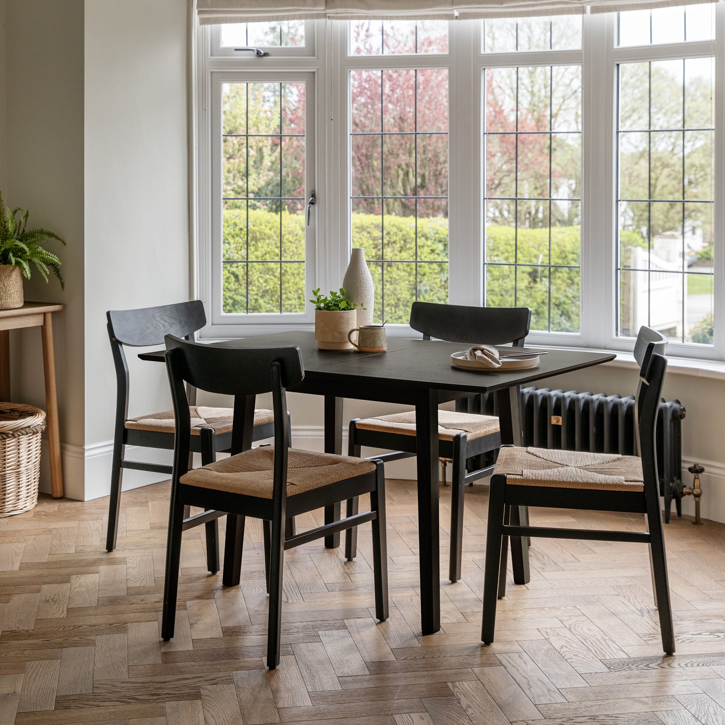 Charlie Black Oak Dining Table Set - Extendable - 4 Seater - Faye Black Woven Dining Chairs
