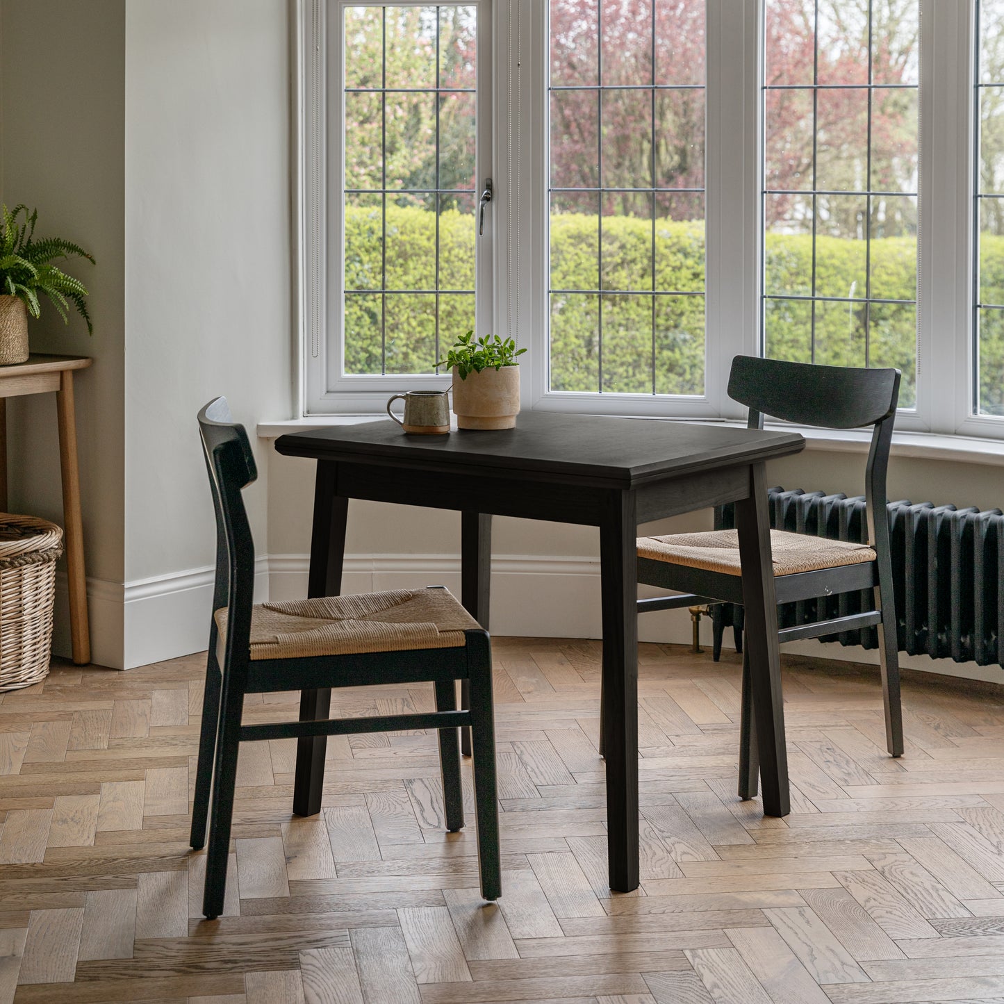Charlie Black Oak Dining Table Set - Extendable - 4 Seater - Faye Black Woven Dining Chairs