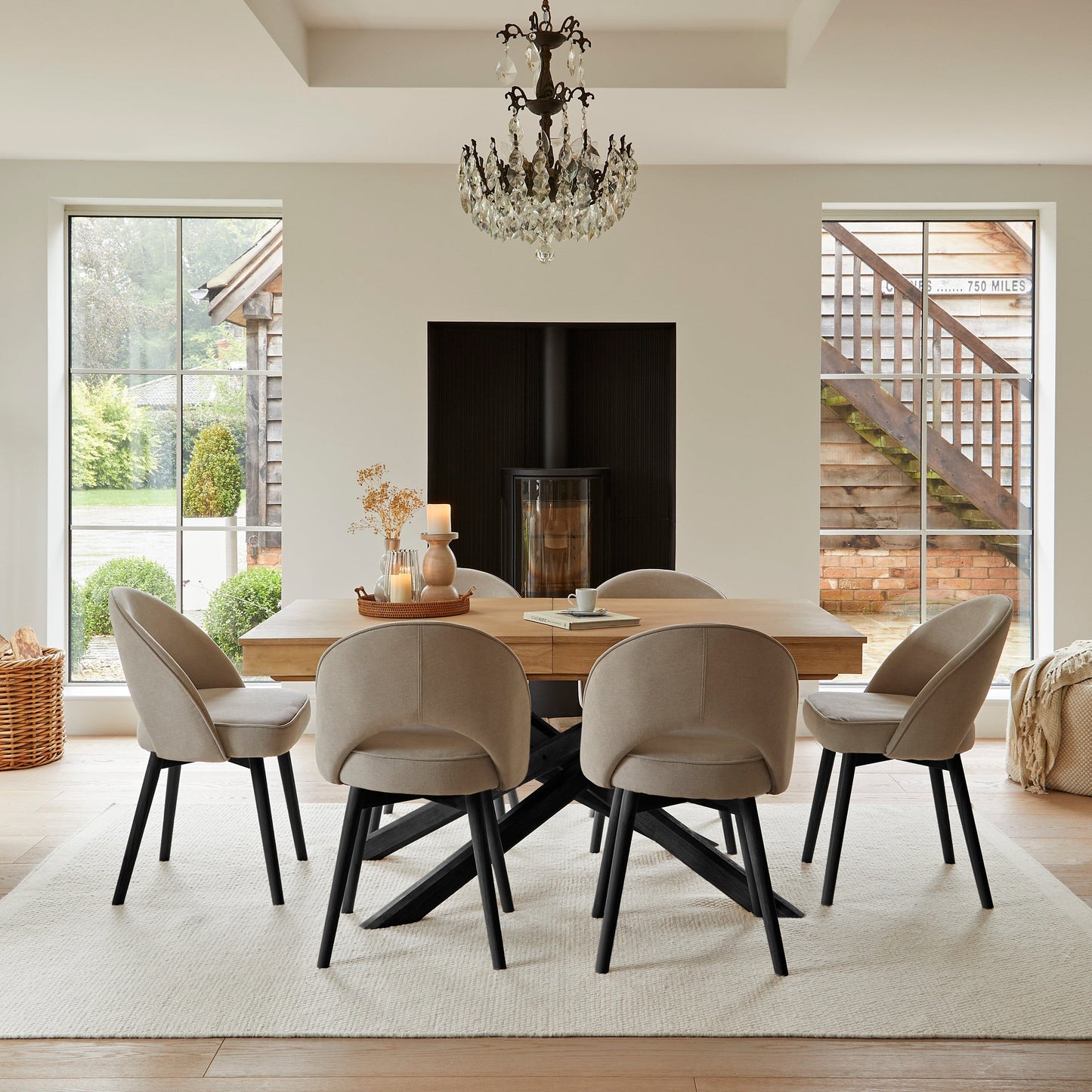 Amelia Whitewash Dining Table Set - 6 Seater - Marilyn Soft Beige Dining Chairs - Black Legs - Laura James