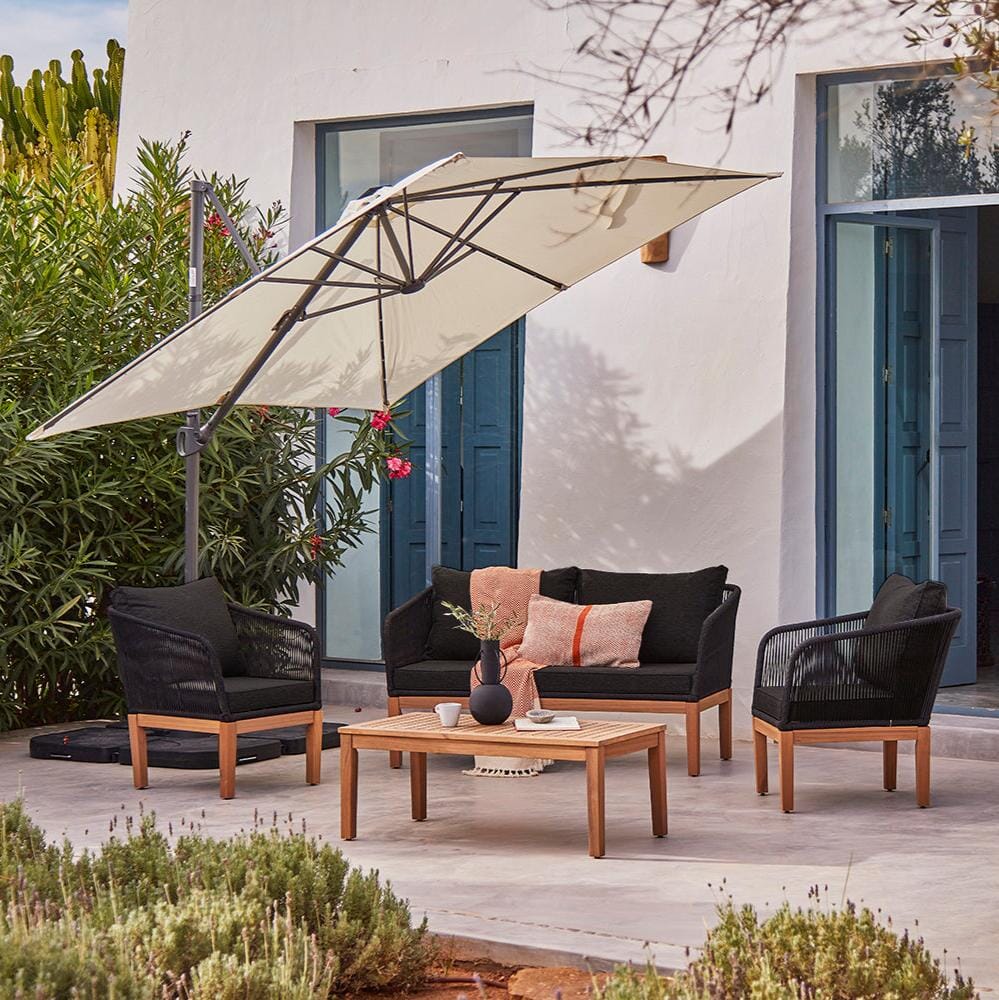 Eaden Rope Garden Conversation Set with Cream LED Premium Cantilever Parasol - Black