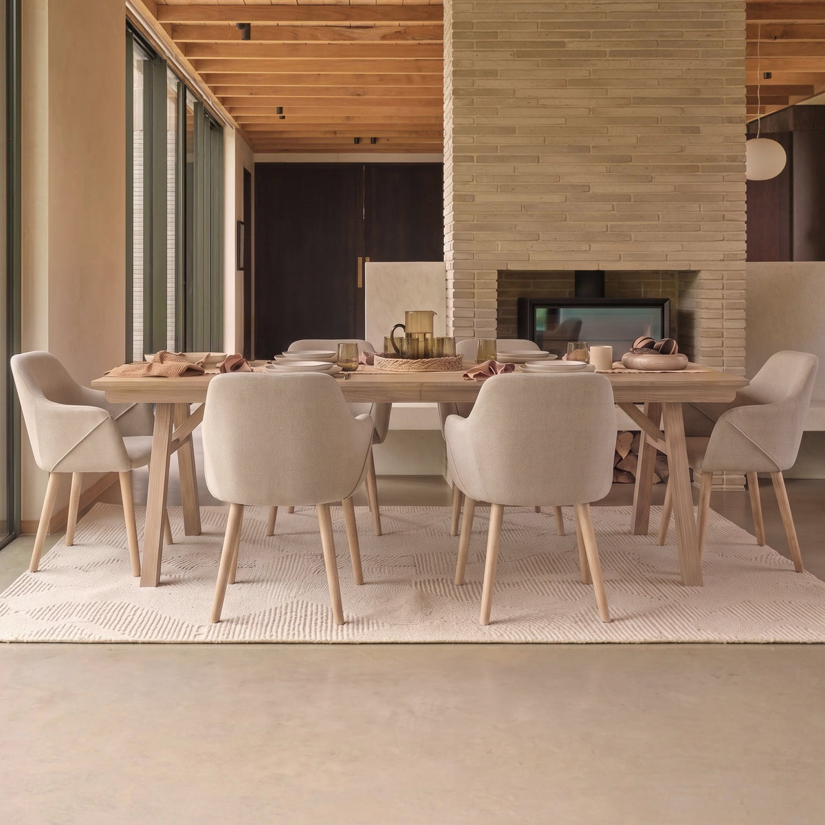 Sabina 160-240cm Whitewash Oak Extending Dining Table Set - 6 Seater - Freya Sand Dining Armchairs - Whitewash Oak Legs - Laura James