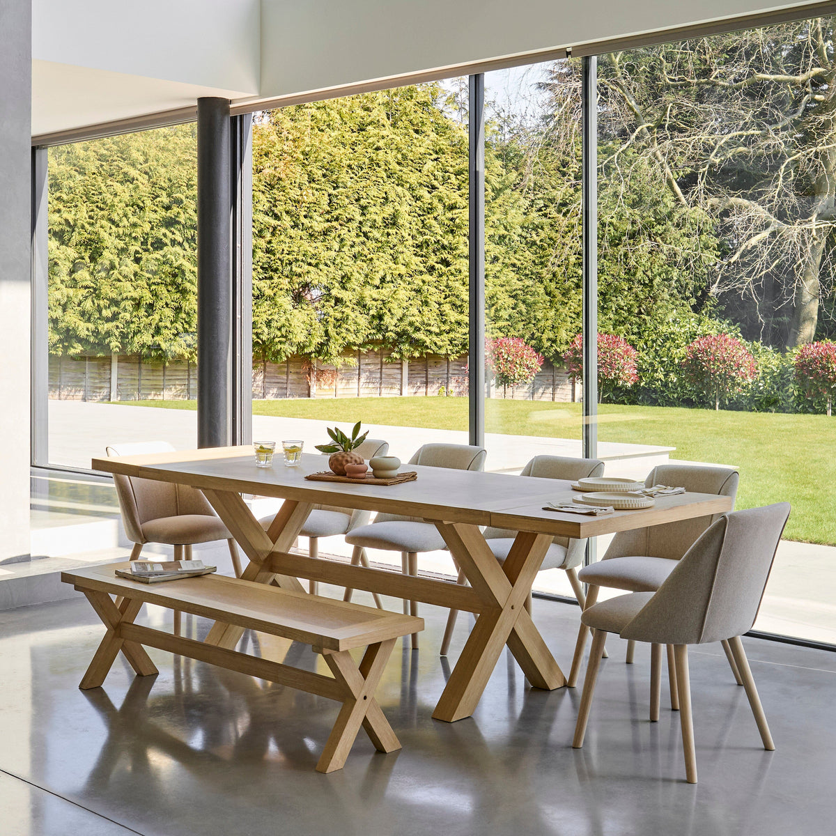 Charlotte 8 Seater Extending Rectangular Dining Table Set with Freya Sand Dining chairs & Charlotte Bench - Laura James