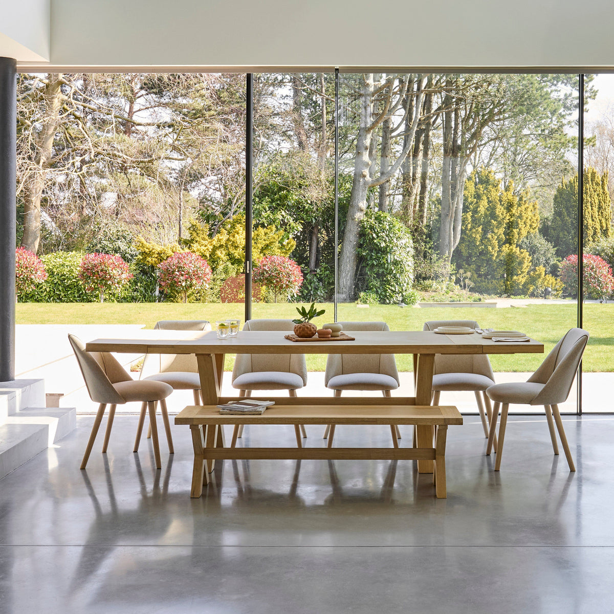 Charlotte 8 Seater Extending Rectangular Dining Table Set with Freya Sand Dining chairs & Charlotte Bench - Laura James