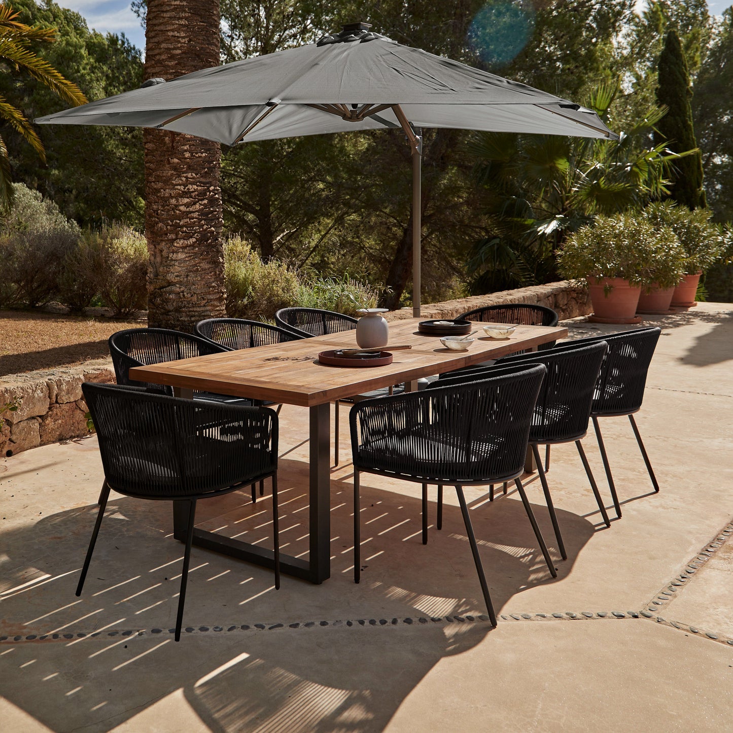 Hali 8 Seater Wooden Outdoor Dining Set with Hali Black Chairs & Grey Premium Cantilever Parasol - 235cm