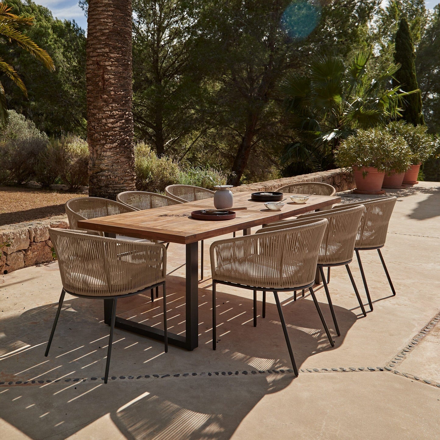 Hali 8 Seater Wooden Outdoor Dining Set with Hali Natural Chairs & Grey LED Premium Cantilever Parasol- 235cm