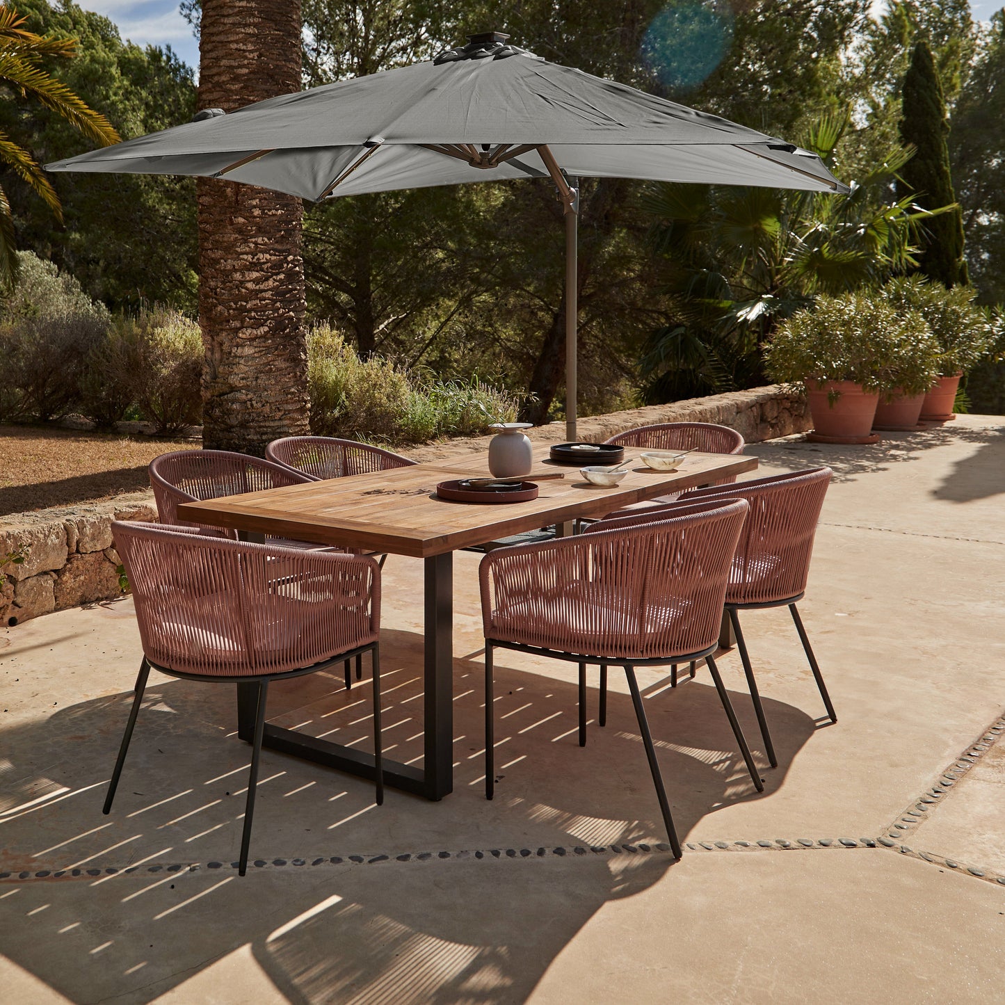 Hali 6 Seater Wooden Outdoor Dining Set with Hali Pink Chairs & Grey Premium Cantilever Parasol - 175cm