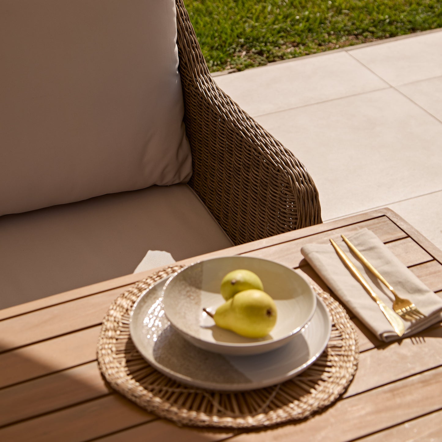 Harlyn 7 Seater Wooden Garden Dining Set with Corner Sofa & 2 Harlyn Dining Armchairs - Laura James