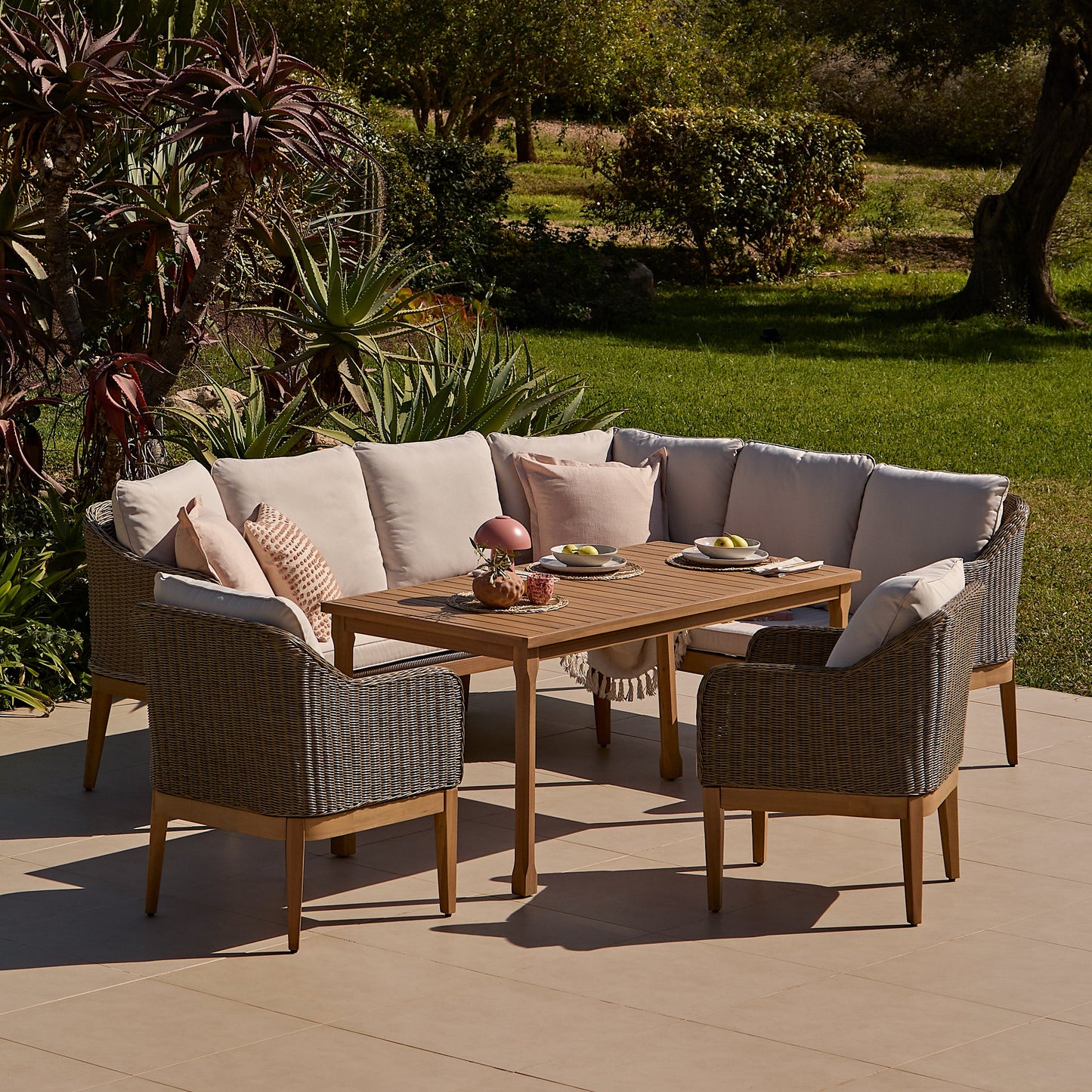 Harlyn 7 Seater Wooden Garden Dining Set with Corner Sofa & 2 Harlyn Dining Armchairs - Laura James