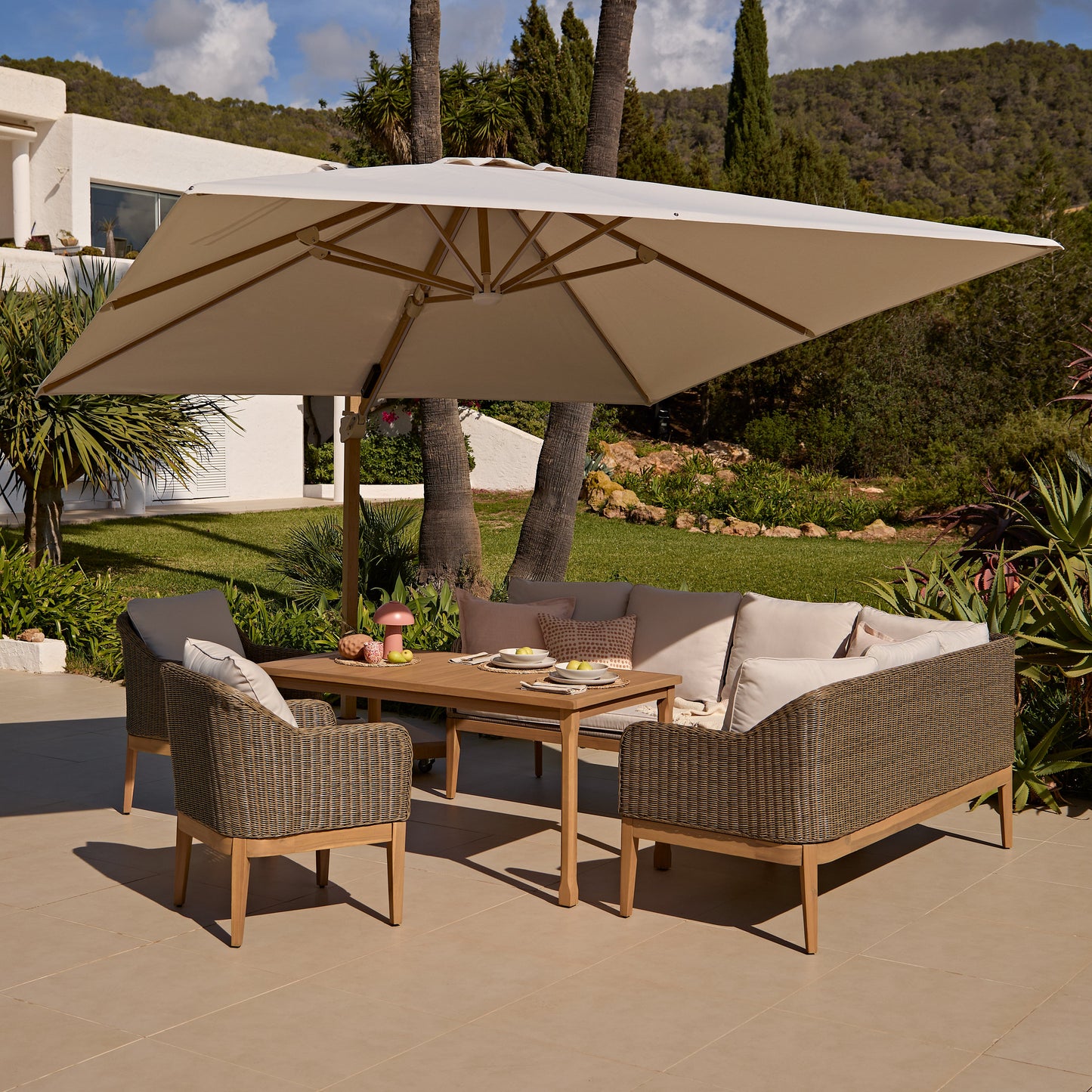 Harlyn 7 Seater Wooden Garden Dining Set with Corner Sofa & 2 Harlyn Dining Armchairs - Laura James