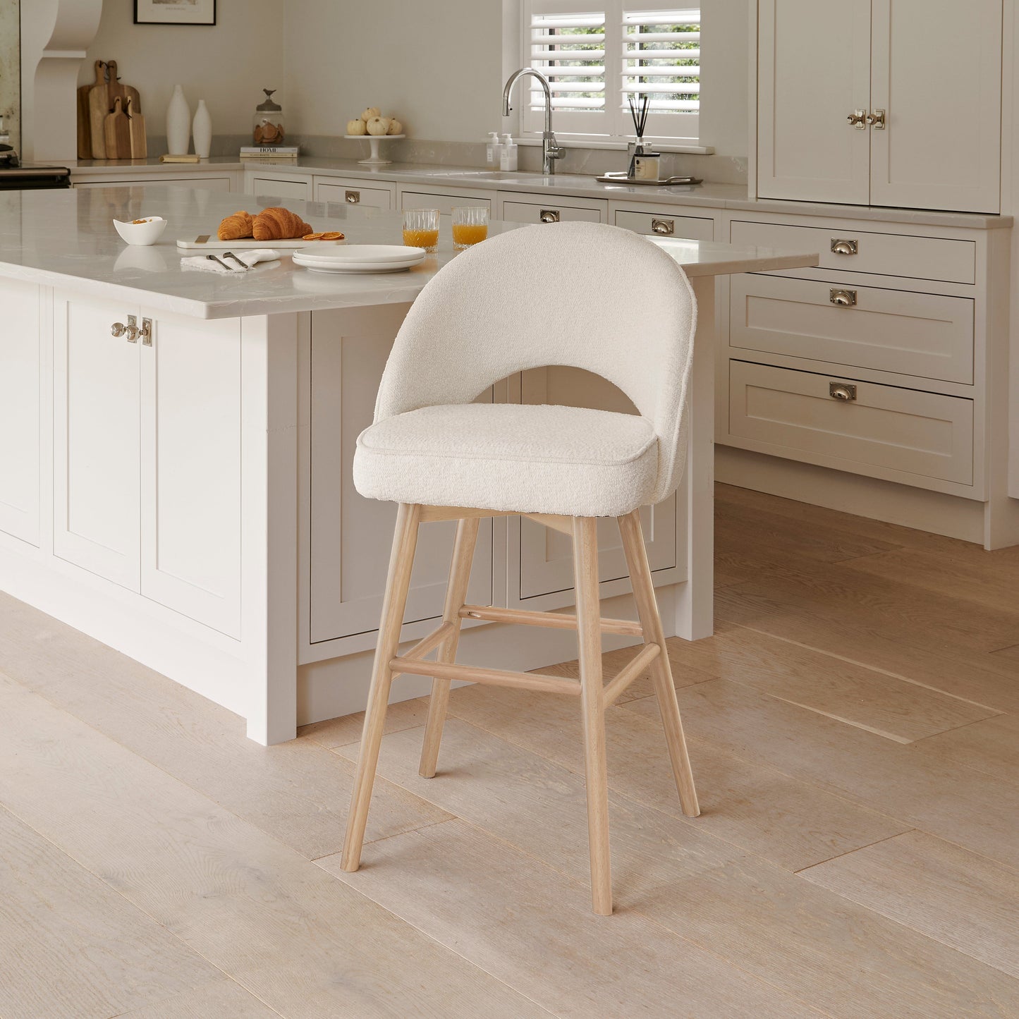 Marilyn Boucle Bar Stool - Whitewash Oak Legs - Laura James