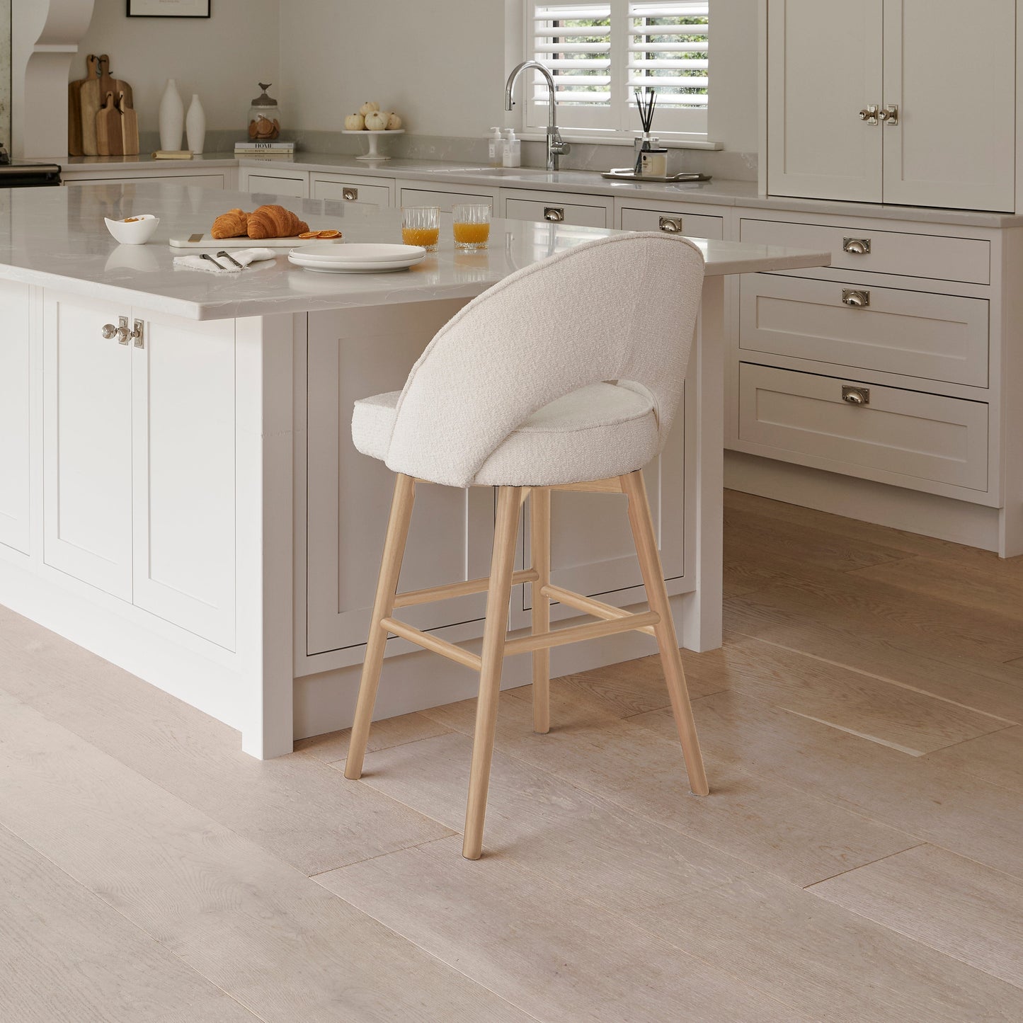Marilyn Boucle Bar Stool - Whitewash Oak Legs - Laura James