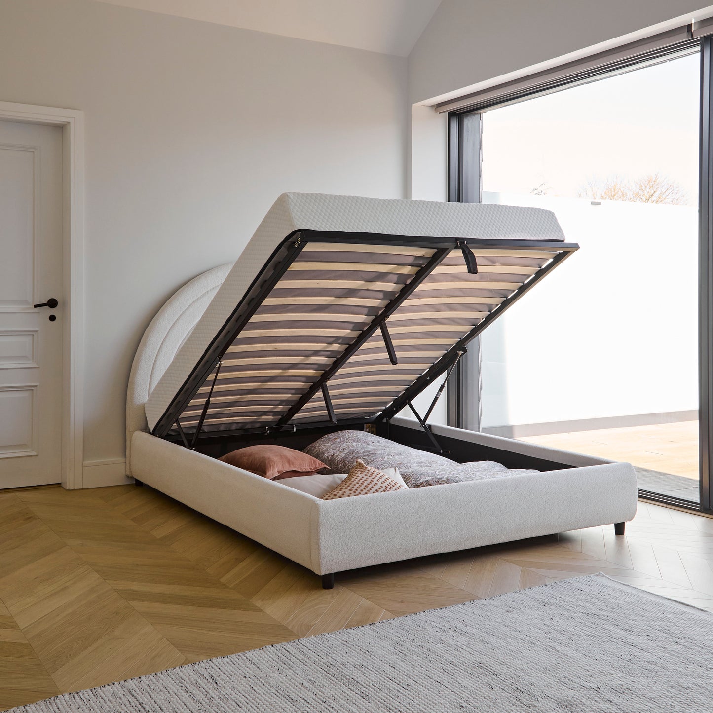 Mimi Double Ottoman Bed - Chalk White Boucle -Laura James