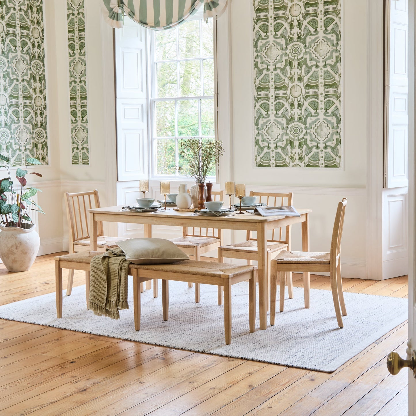 Paul 160-220cm Whitewash Oak Extending Dining Table Set - 6 Seater - 4 Tilly Wood String Dining Chair with 1 Tilly Wood String Dining Bench - Laura James