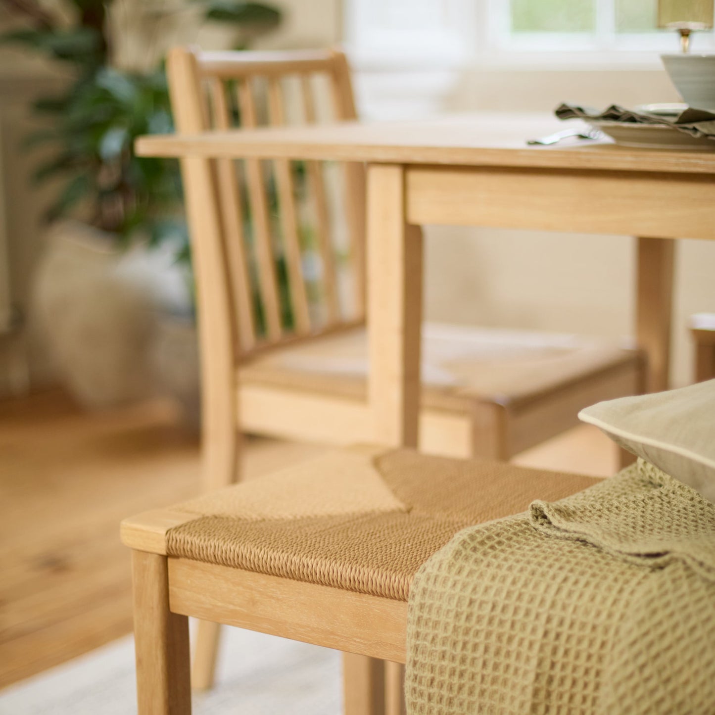 Paul 160-220cm Whitewash Oak Extending Dining Table Set - 6 Seater - 4 Tilly Wood String Dining Chair with 1 Tilly Wood String Dining Bench - Laura James