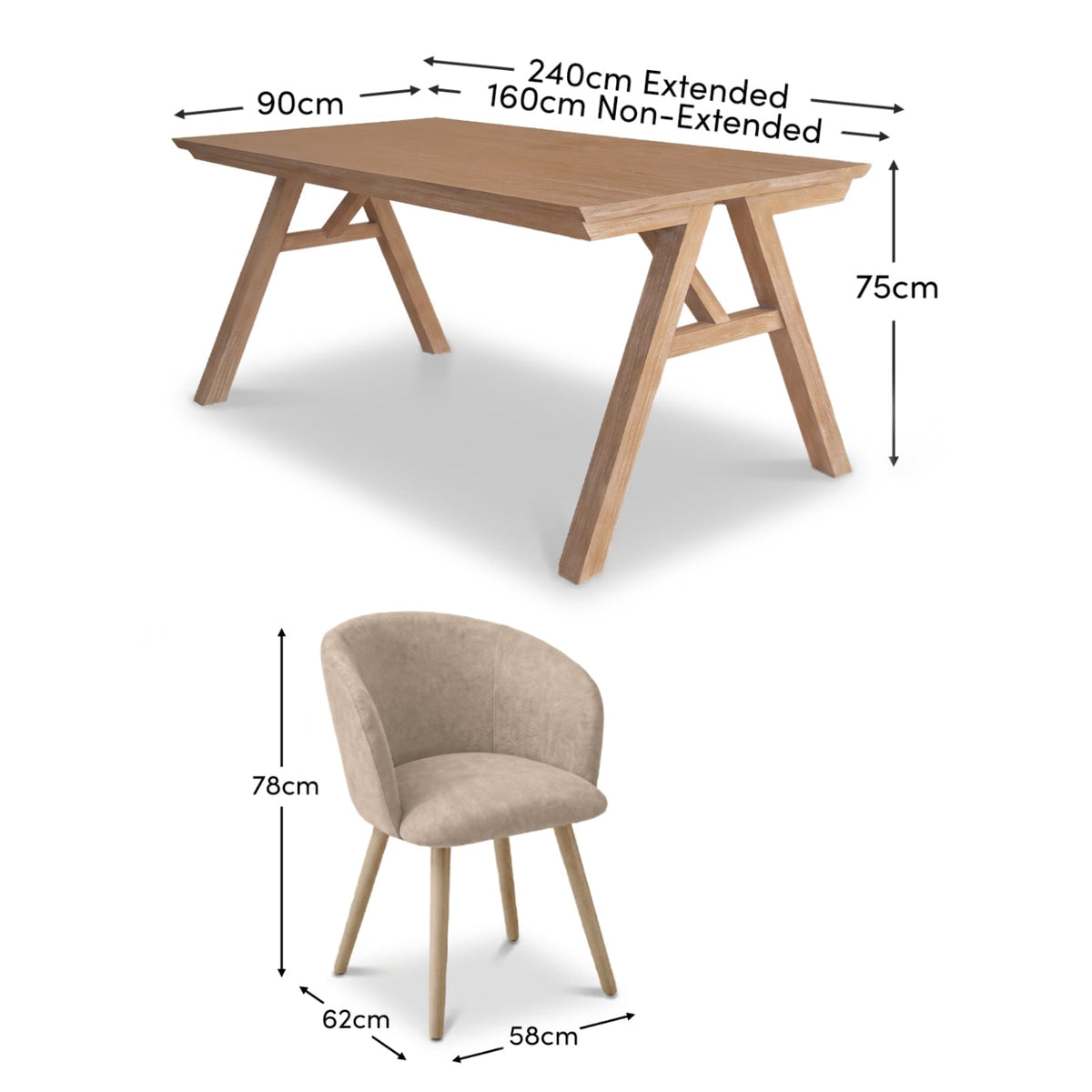 Sabina 160-240cm Whitewash Oak Extending Dining Table Set - 6 Seater - Archer Soft Beige Dining Chairs - Whitewash Legs - Laura James