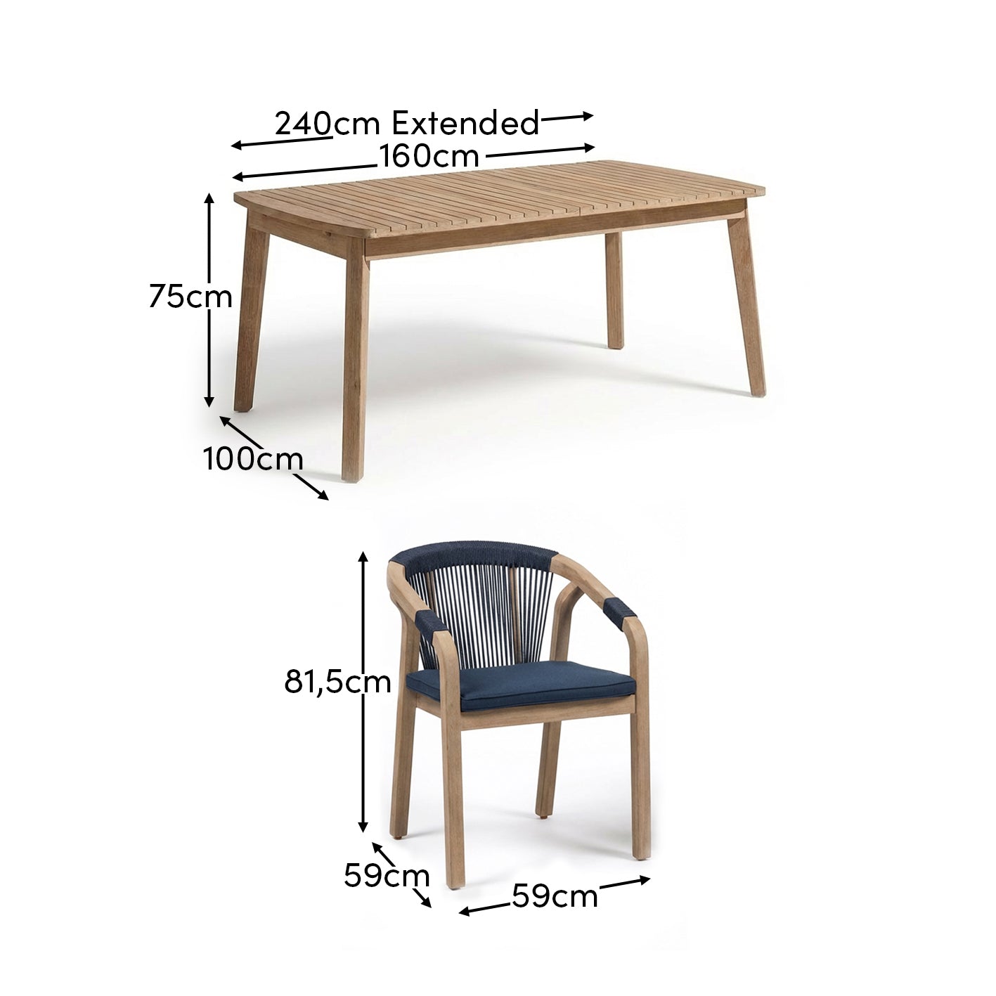 Saffron 6 Seater Extending Wooden Garden Dining Set with Shiro Navy Rope Chairs - Laura James