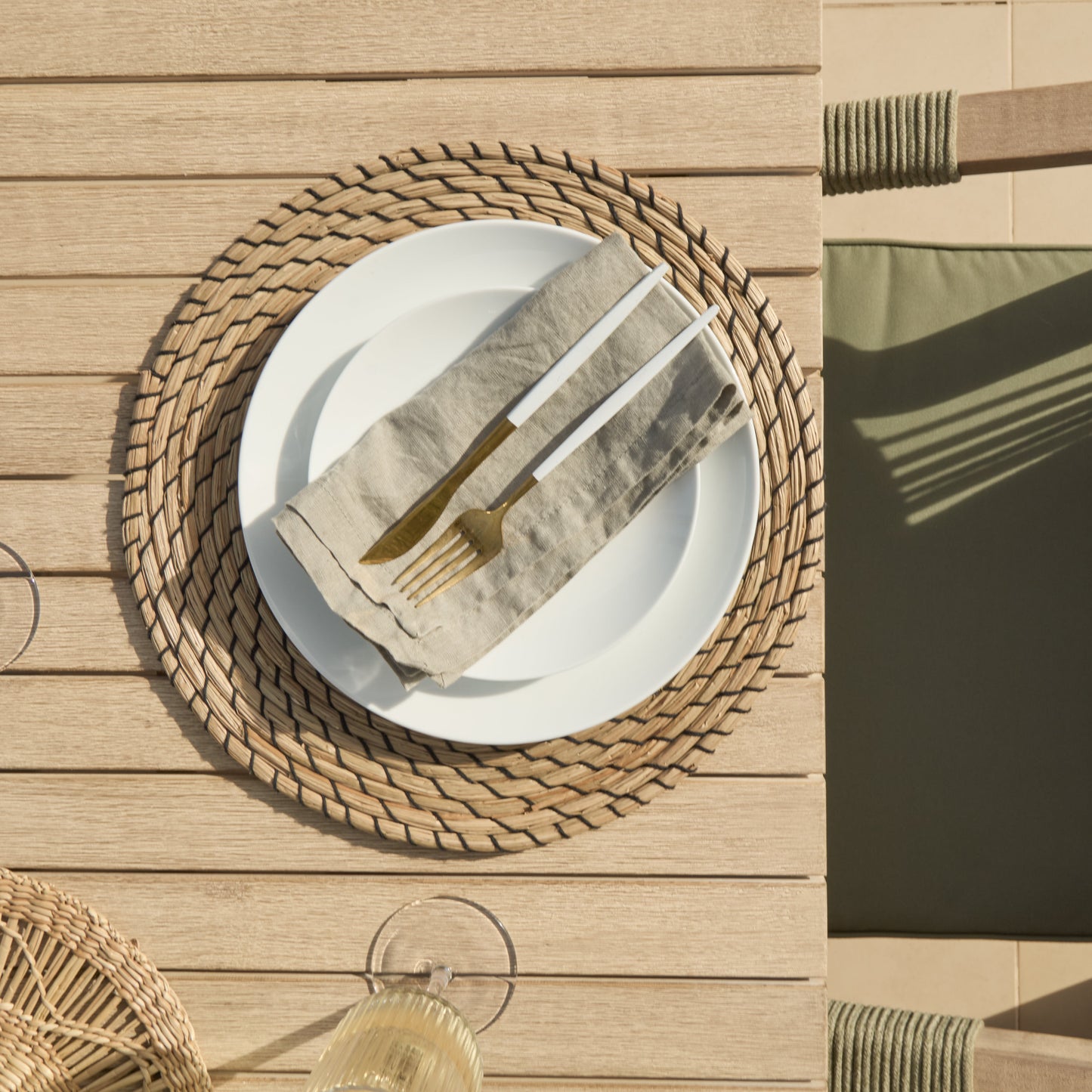 Saffron 6 Seater Extending Wooden Garden Dining Set with Shiro Green Rope Chairs - Laura James