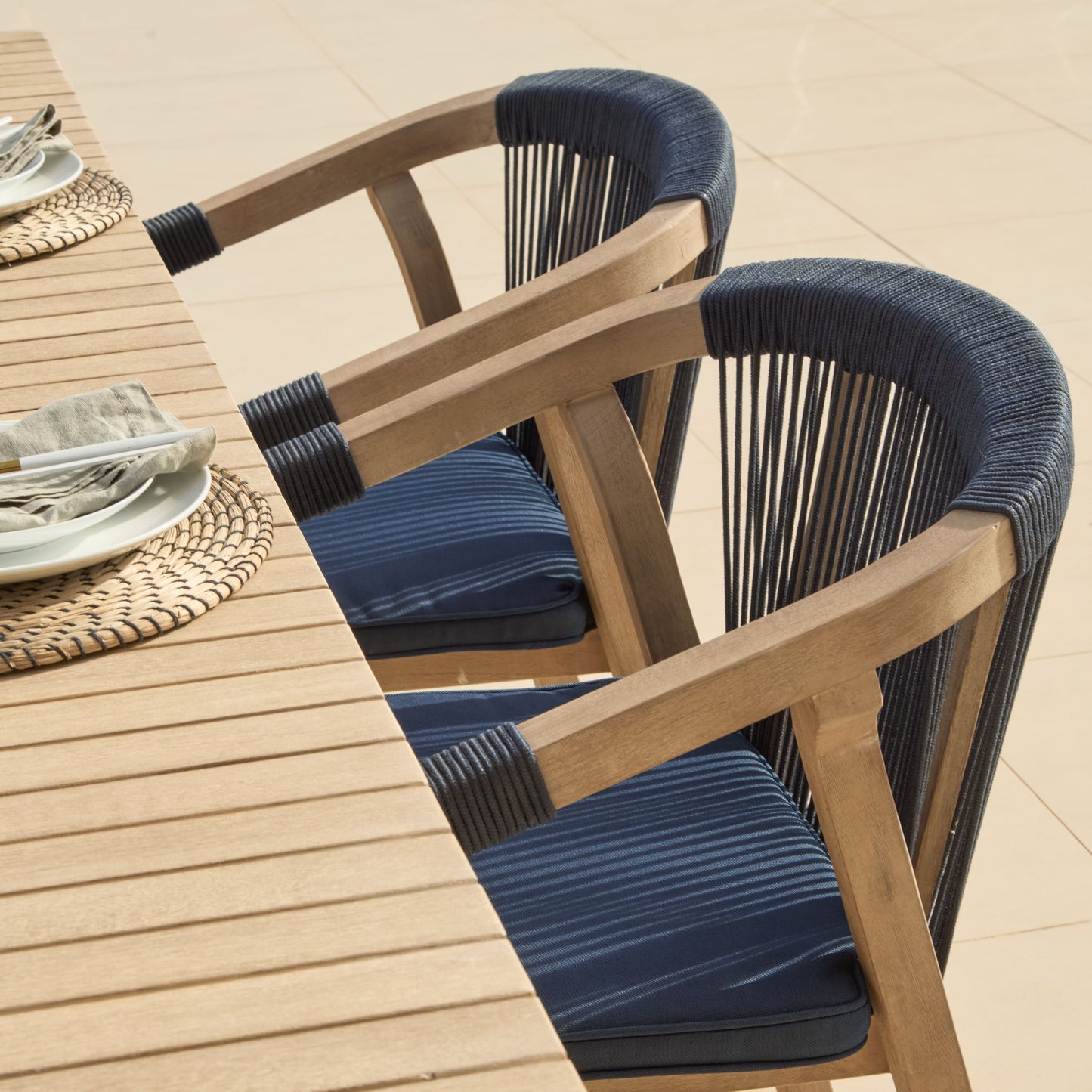 Saffron 6 Seater Extending Wooden Garden Dining Set with Shiro Navy Rope Chairs - Laura James