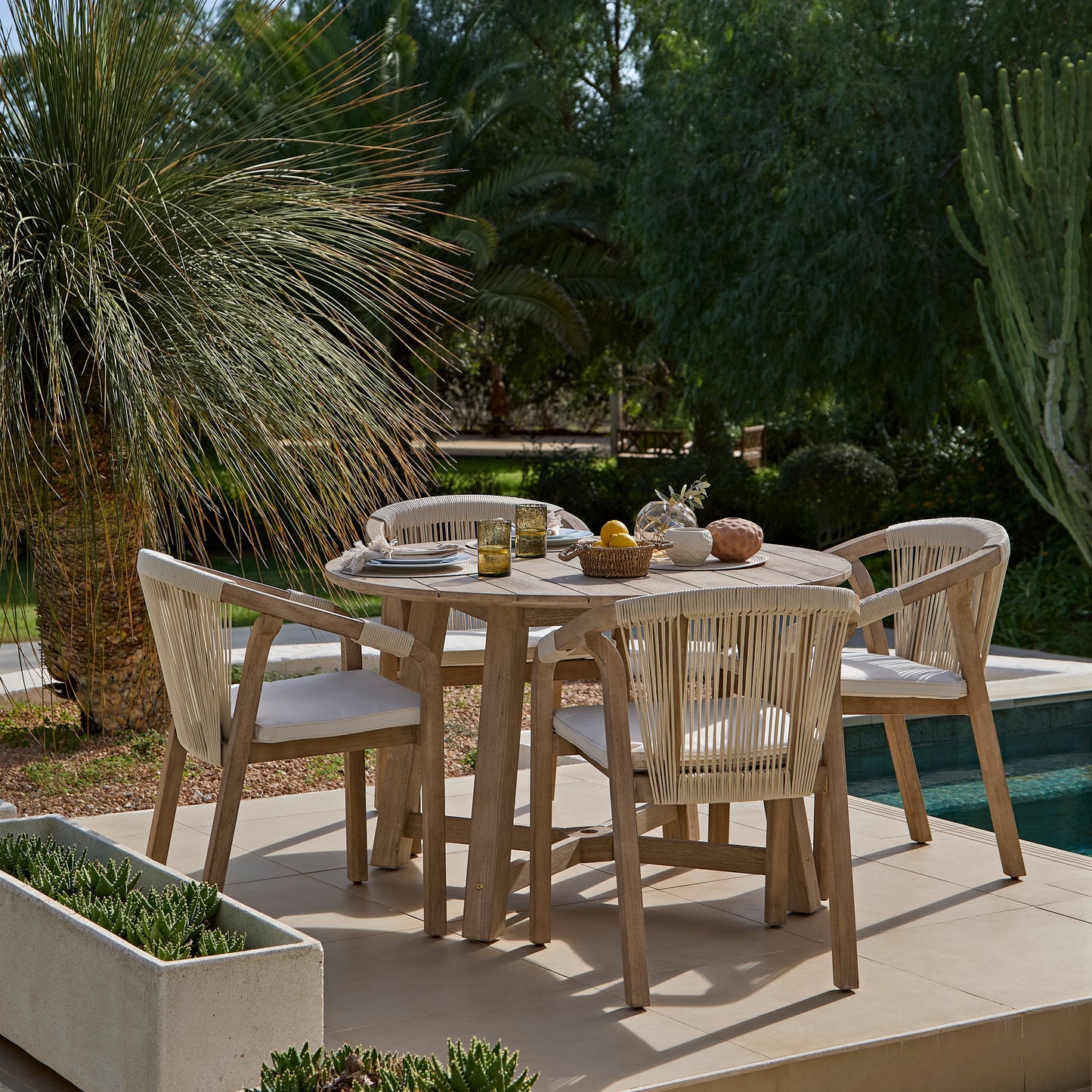 Shiro 4 Seater Round Wooden Garden Dining Set with Shiro Beige Rope Dining Chairs - 120cm - Laura James