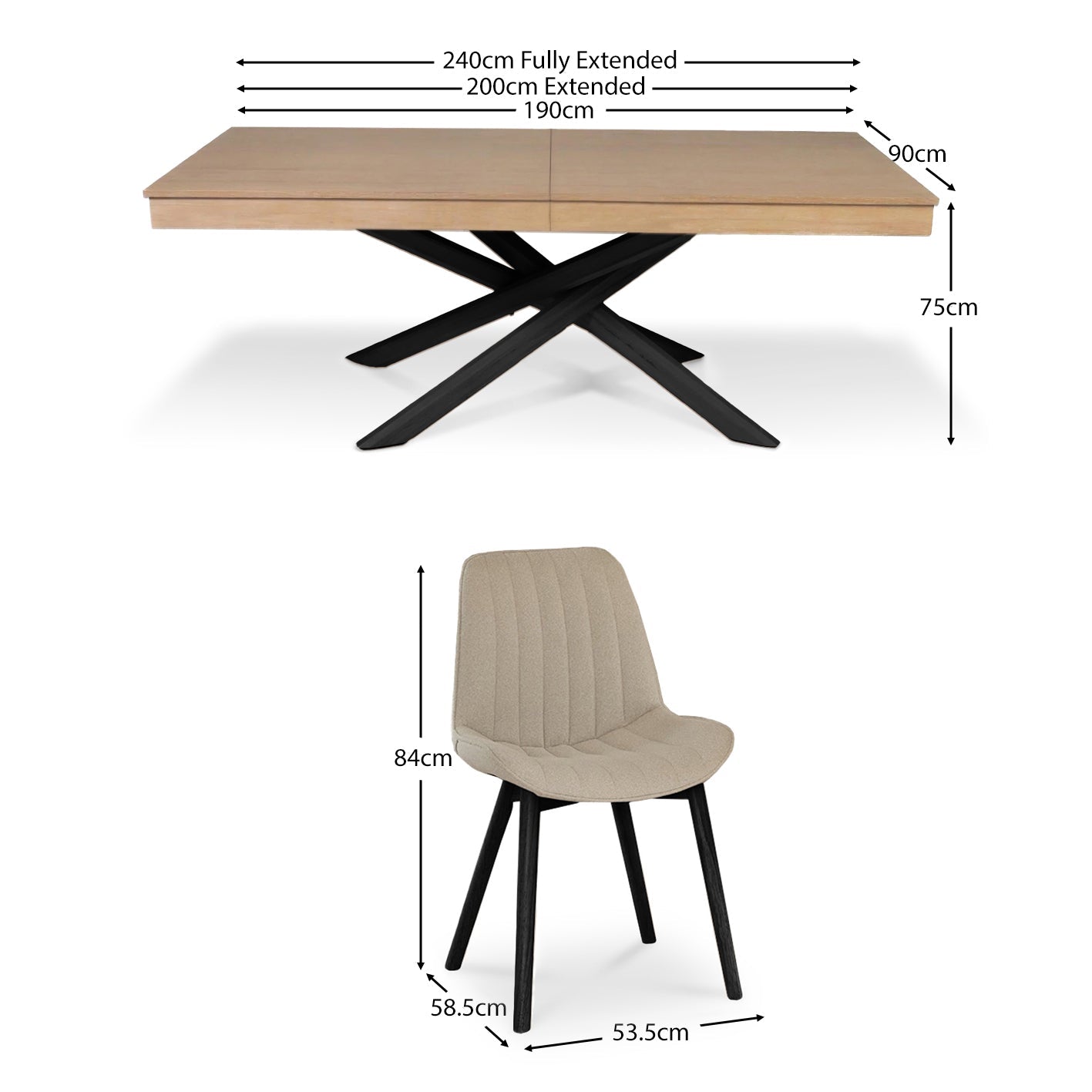Amelia Whitewash Extendable Dining Table Set - 6 Seater - Bella Light Beige Boucle Dining Chairs - Black Legs