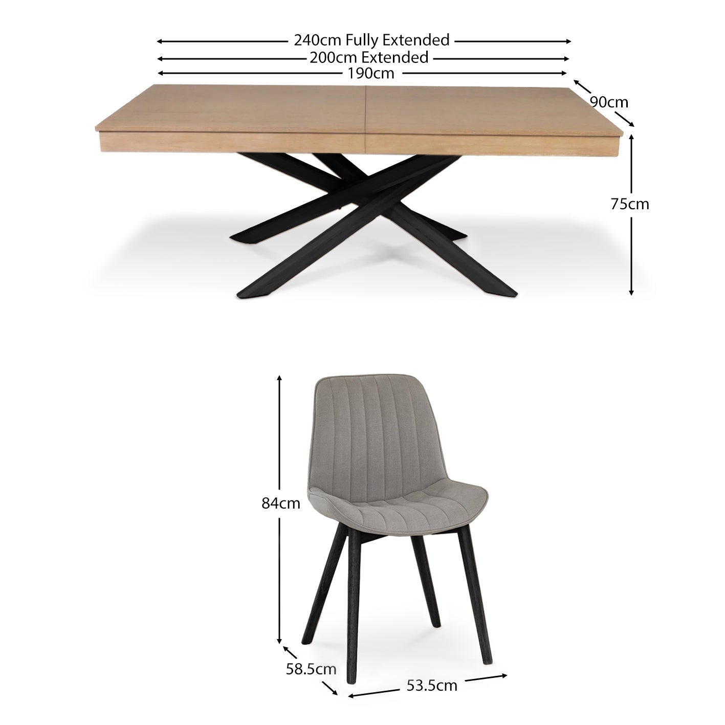 Amelia Whitewash Extendable Dining Table Set - 6 Seater - Bella Cloud Grey Dining Chairs - Black Legs