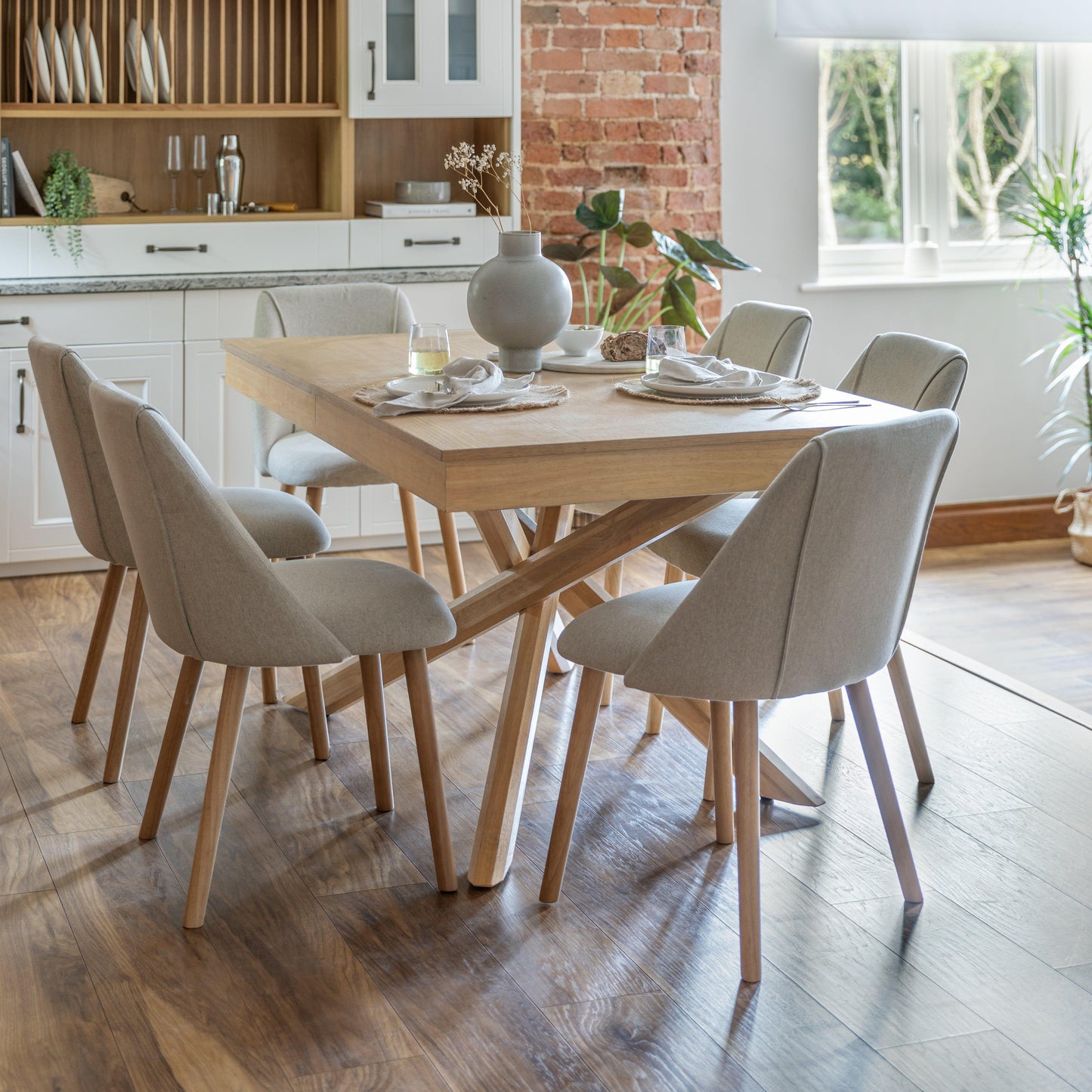 Amelia Whitewash Dining Table Set - 6 Seater - Freya Oatmeal Dining Chairs