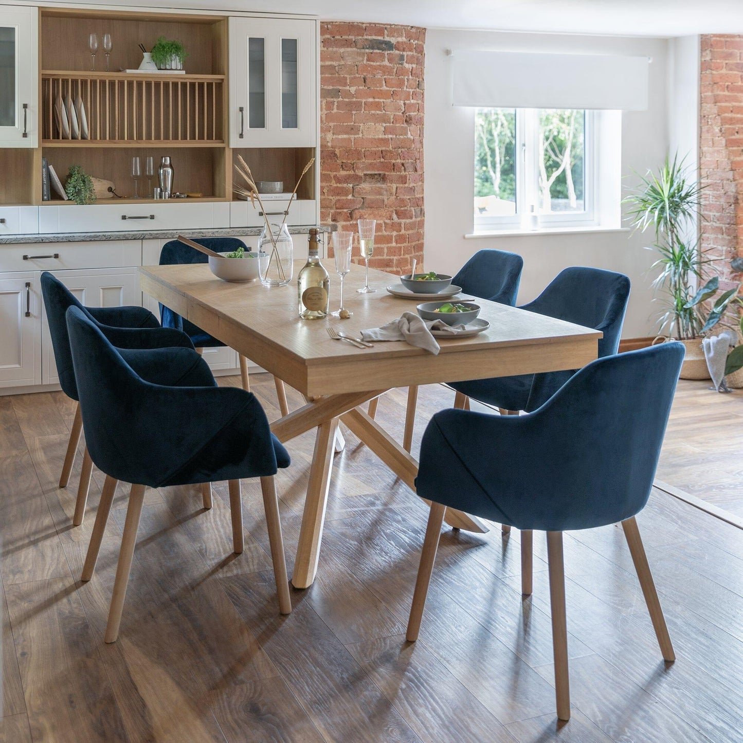 Amelia Whitewash Extendable Dining Table Set - 6 Seater - Freya Blue Carver Chairs With Oak Legs - Laura James