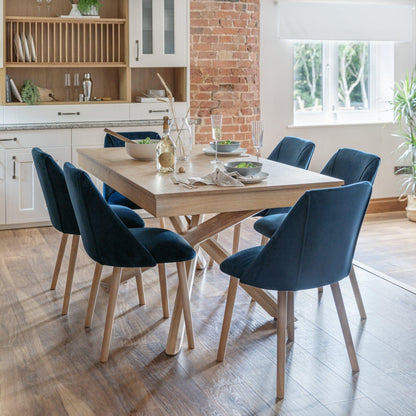 Amelia Whitewash Extendable Dining Table Set - 6 Seater - Freya Blue Dining Chairs With Oak Legs