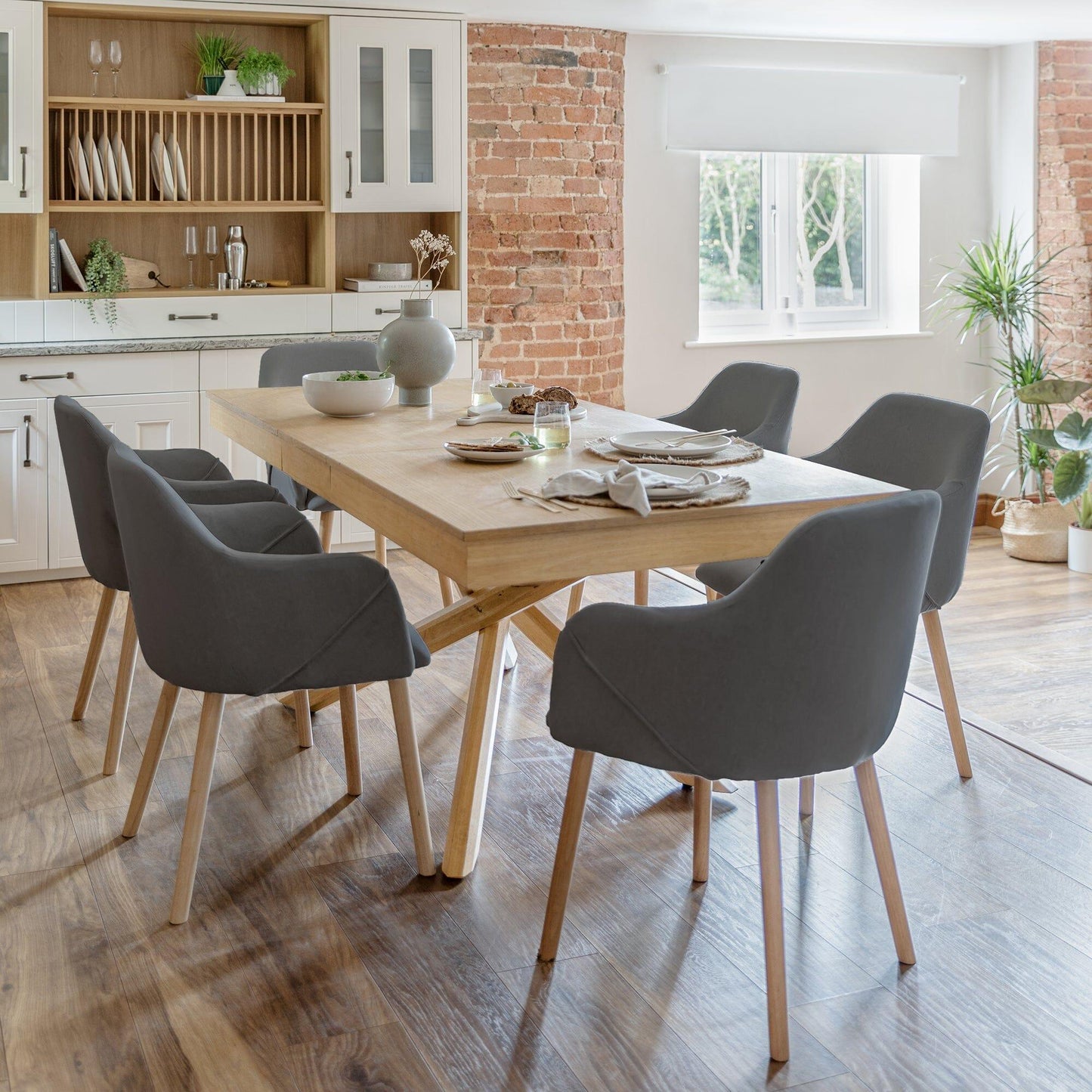 Amelia Whitewash Extendable Dining Table Set - 6 Seater - Freya Grey Carver Chairs With Oak Legs - Laura James