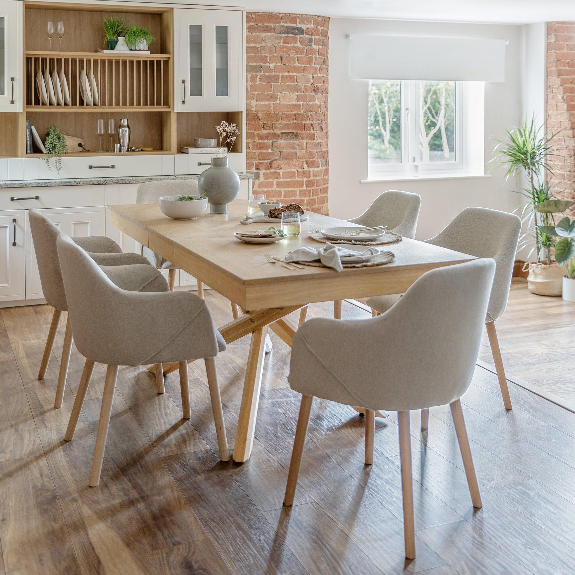 Amelia Whitewash Extendable Dining Table Set - 6 Seater - Freya Oatmeal Carver Chairs With Oak Legs - Laura James